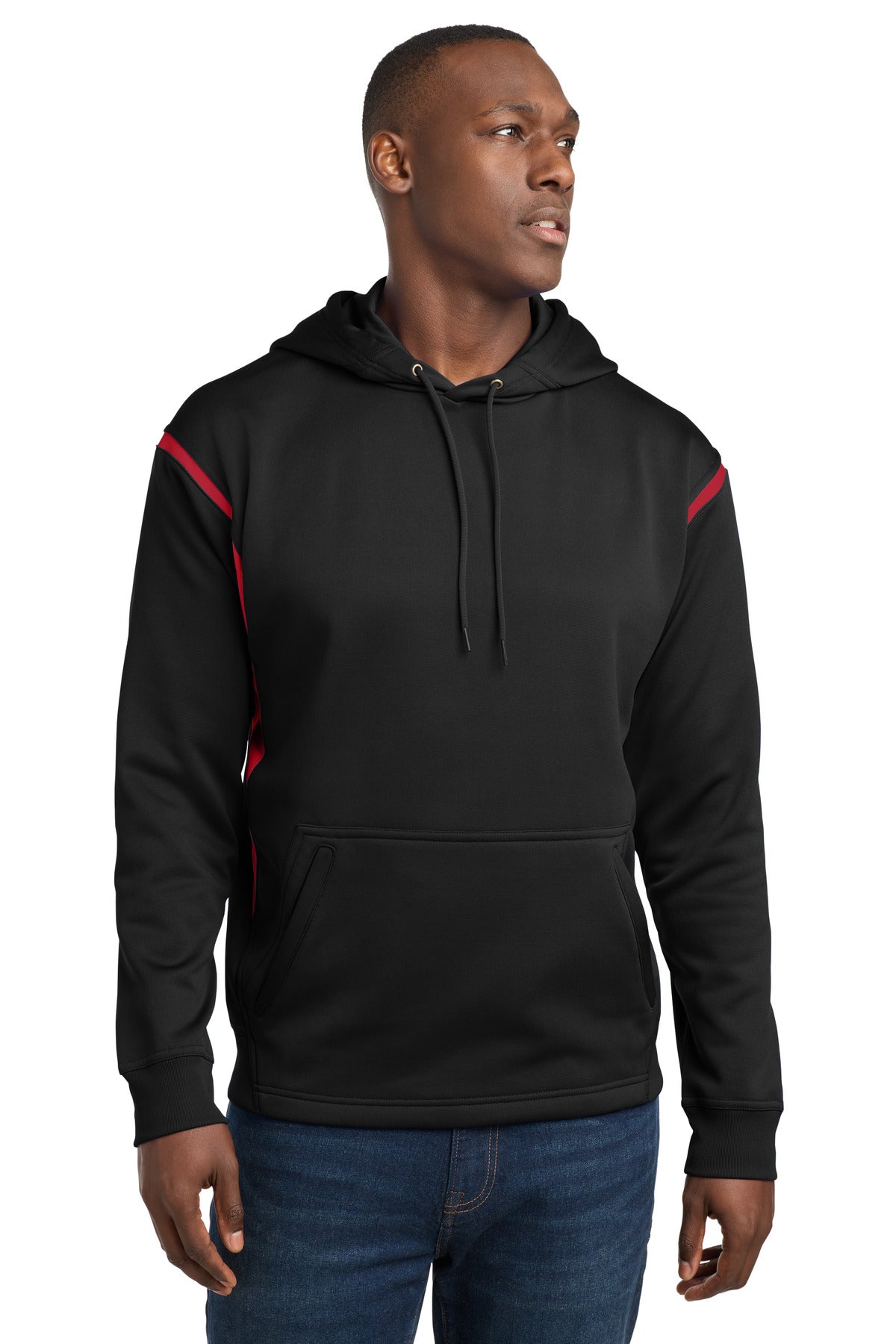Custom Black/ True Red Tech Fleece Colorblock Hoodie F246, personalized by SanCanDo Swag in Argyle, TX