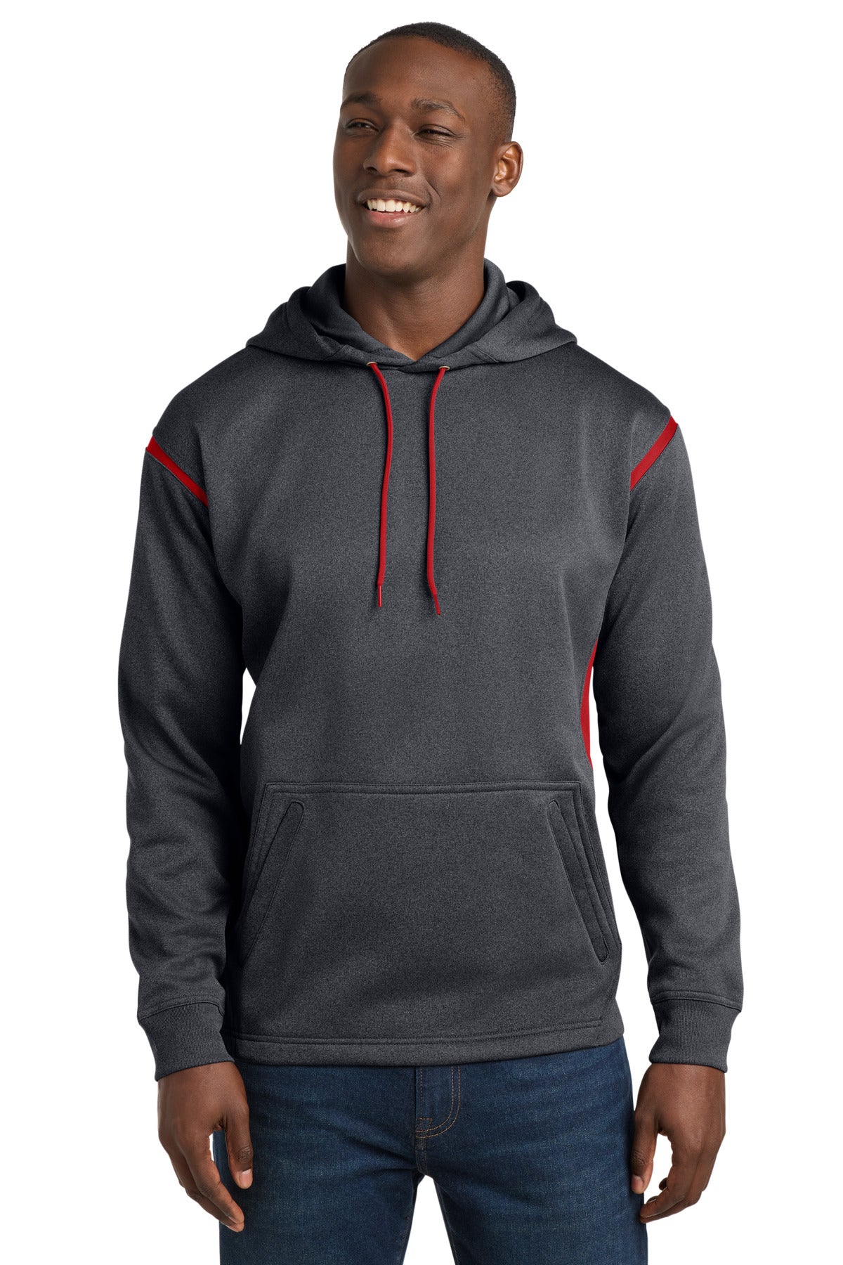 Custom Graphite Heather/ True Red Tech Fleece Colorblock Hoodie F246, personalized by SanCanDo Swag in Argyle, TX