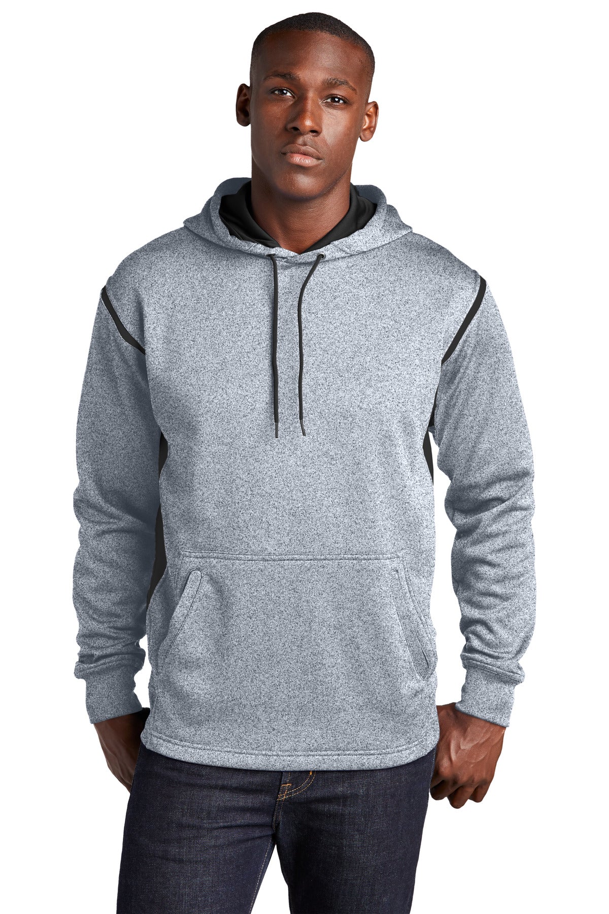 Custom Grey Heather/ Black Tech Fleece Colorblock Hoodie F246, personalized by SanCanDo Swag in Argyle, TX