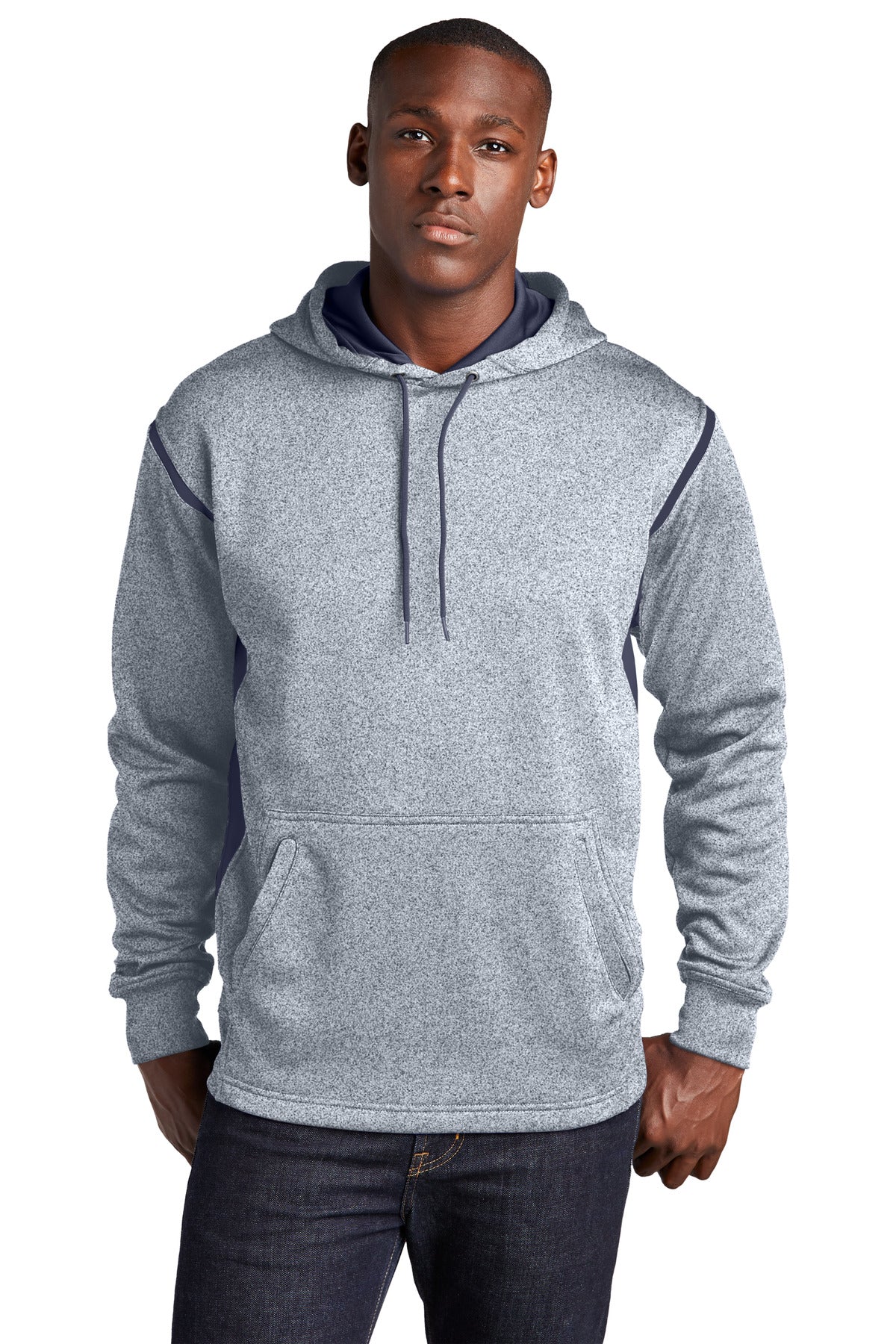 Custom Grey Heather/ True Navy Tech Fleece Colorblock Hoodie F246, personalized by SanCanDo Swag in Argyle, TX