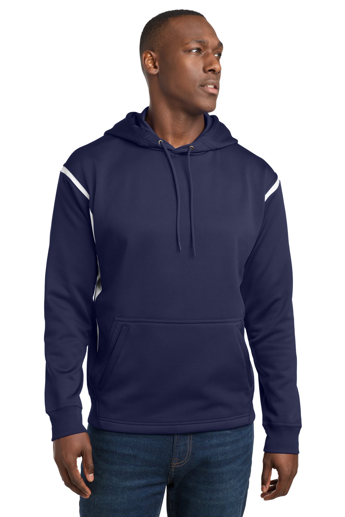 Custom True Navy/ White Tech Fleece Colorblock Hoodie F246, personalized by SanCanDo Swag in Argyle, TX