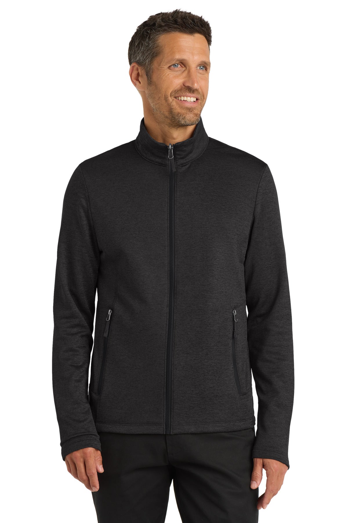 Custom Deep Black Heather Collective Striated Fleece Jacket F905, personalized by SanCanDo Swag in Argyle, TX