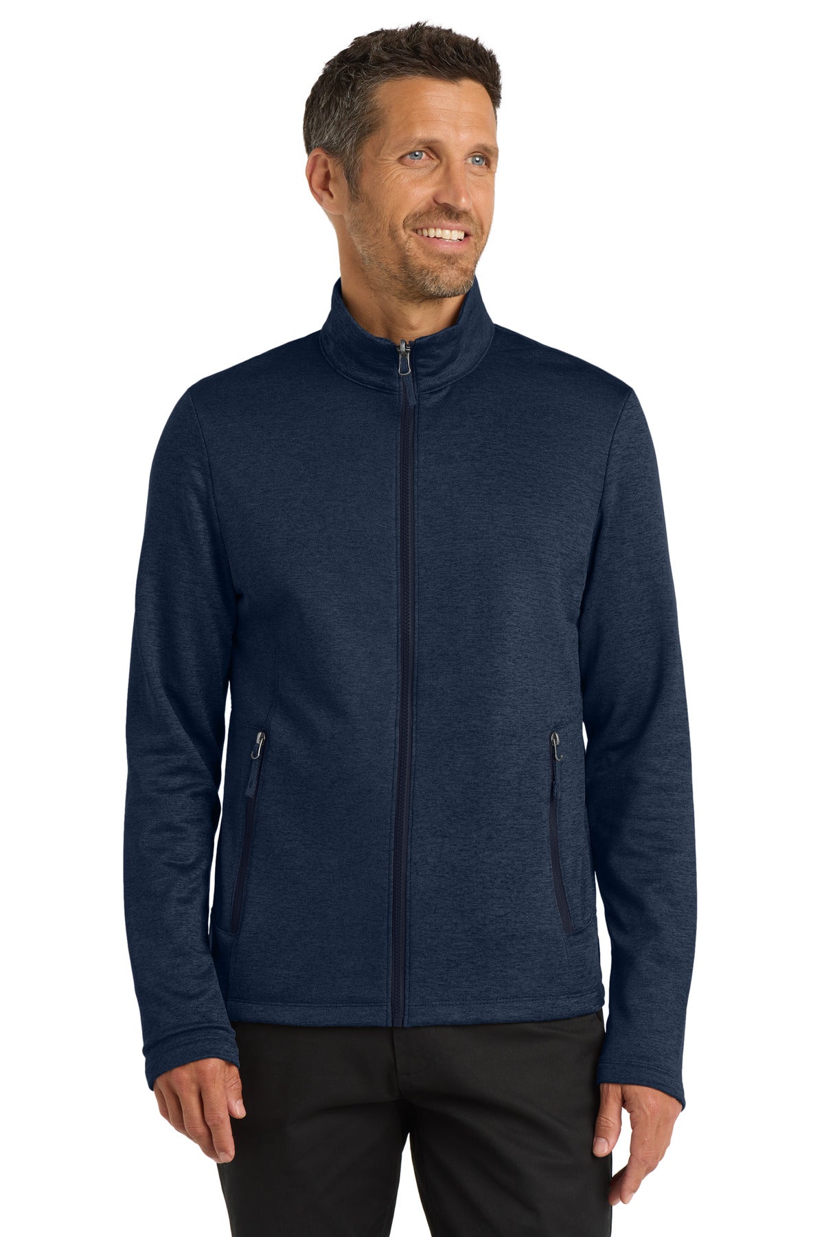 Custom River Blue Navy Heather Collective Striated Fleece Jacket F905, personalized by SanCanDo Swag in Argyle, TX