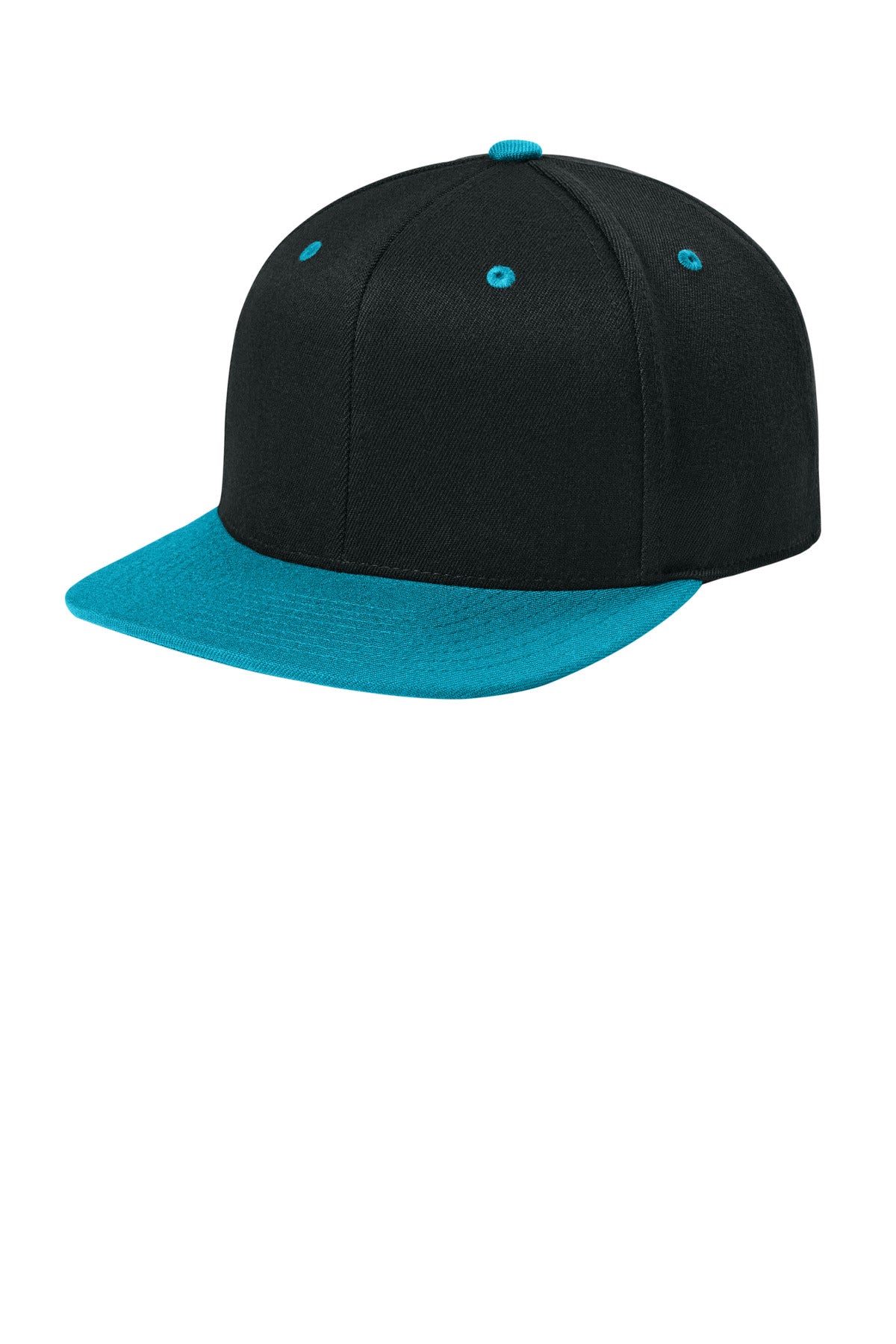 Custom Black/ Teal 110 Snapback Cap FF110F, personalized by SanCanDo Swag in Argyle, TX