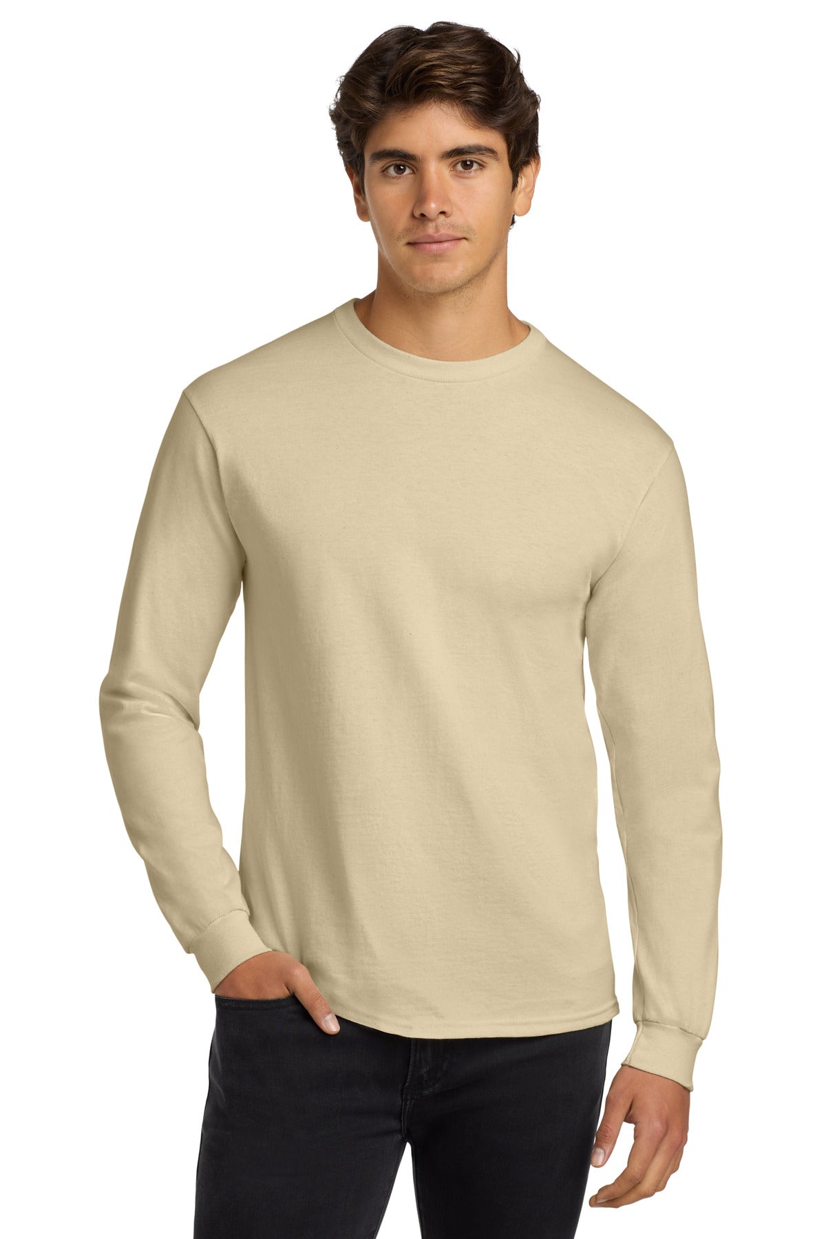 Custom Sand Cotton Long Sleeve Tee G2400, personalized by SanCanDo Swag in Argyle, TX
