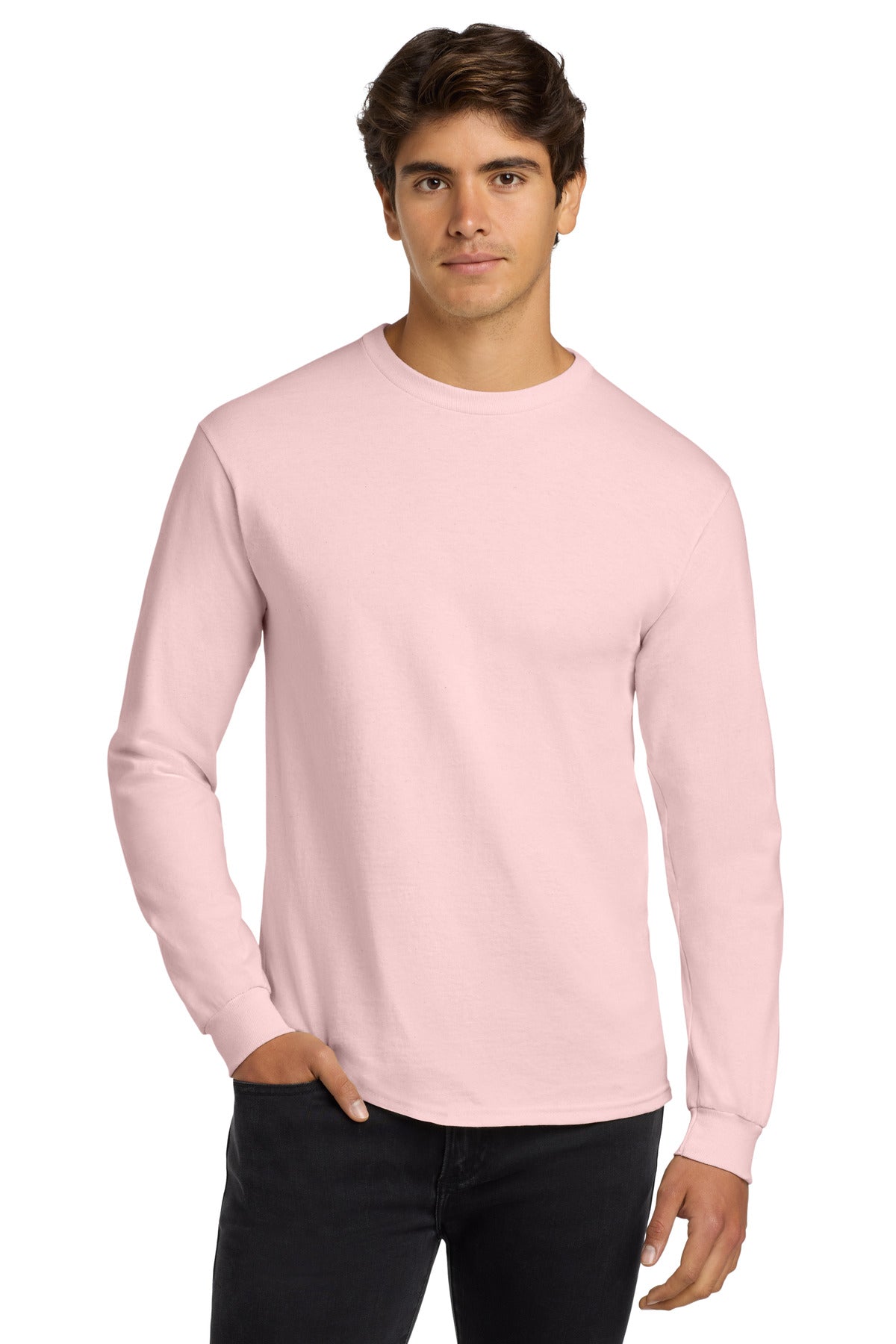 Custom Light Pink Cotton Long Sleeve Tee G2400, personalized by SanCanDo Swag in Argyle, TX