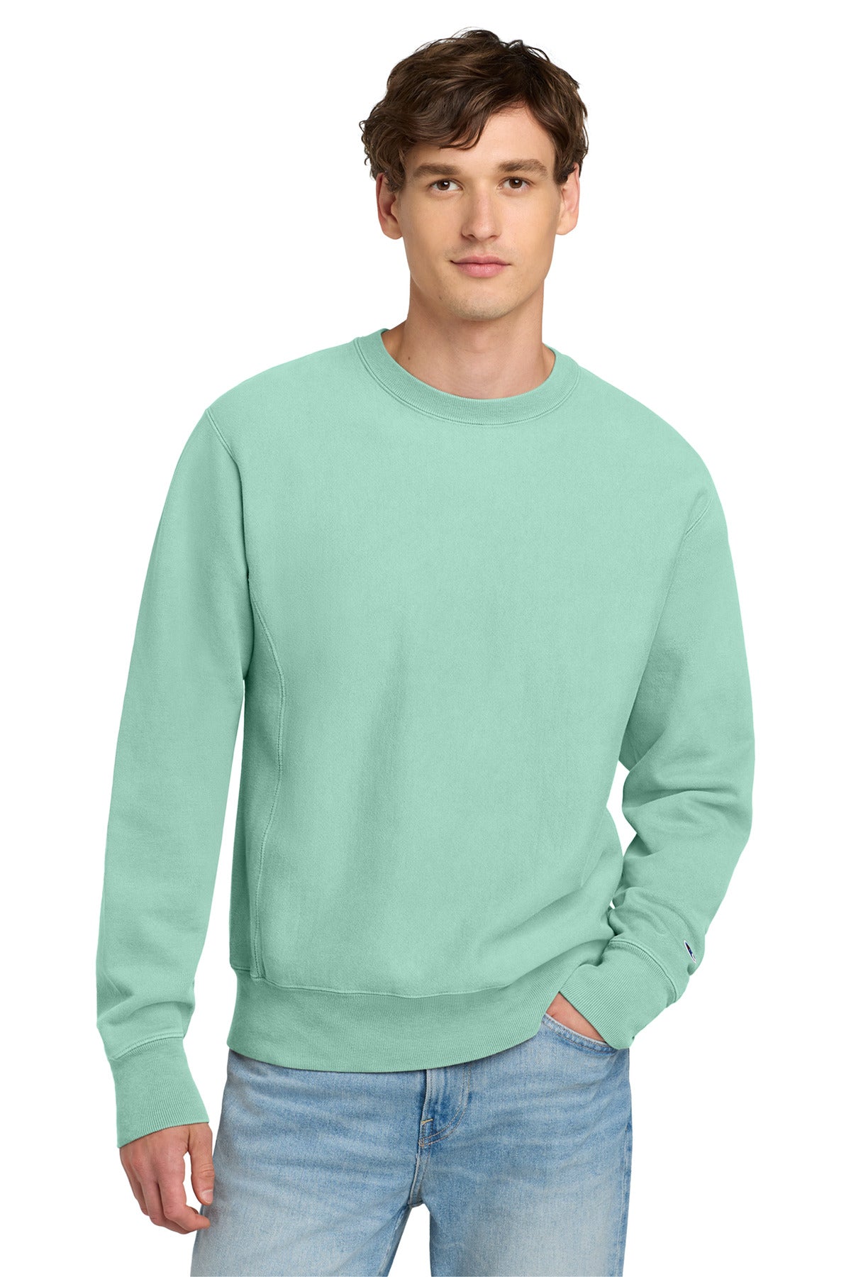 Custom Pale Seafoam Reverse Weave Garment-Dyed Crewneck GDS149, personalized by SanCanDo Swag in Argyle, TX