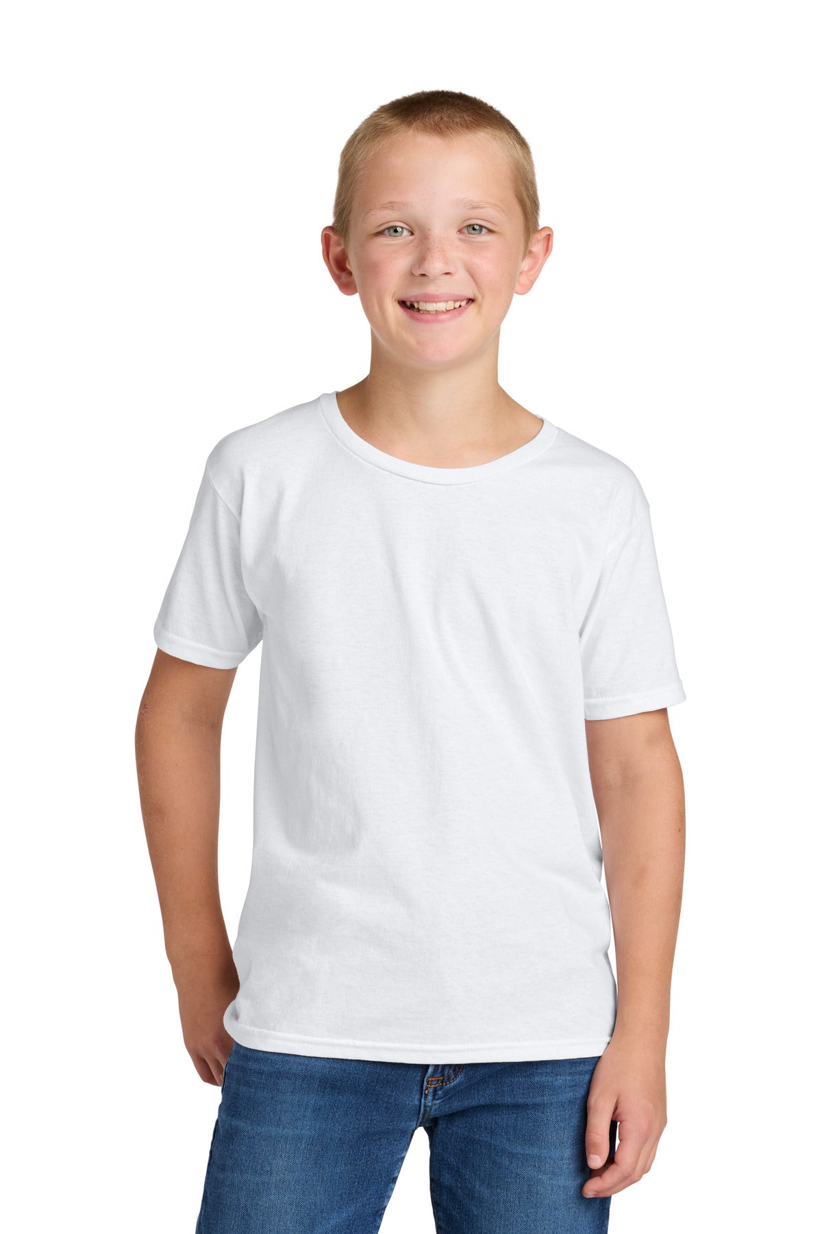 Custom White Ultimate Youth Ring Spun Tee IC46B, personalized by SanCanDo Swag in Argyle, TX