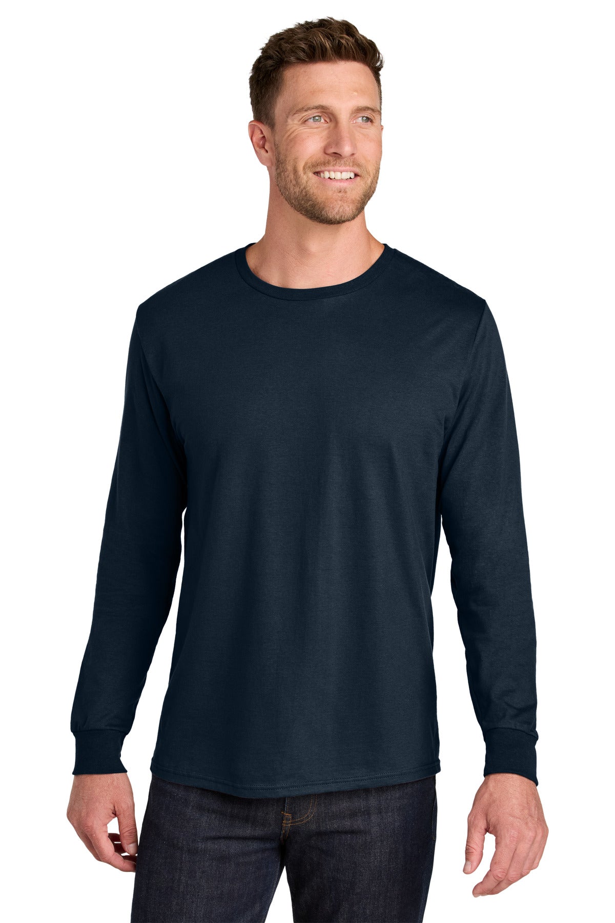 Custom J. Navy Ultimate Ring Spun Long Sleeve Tee IC46L, personalized by SanCanDo Swag in Argyle, TX