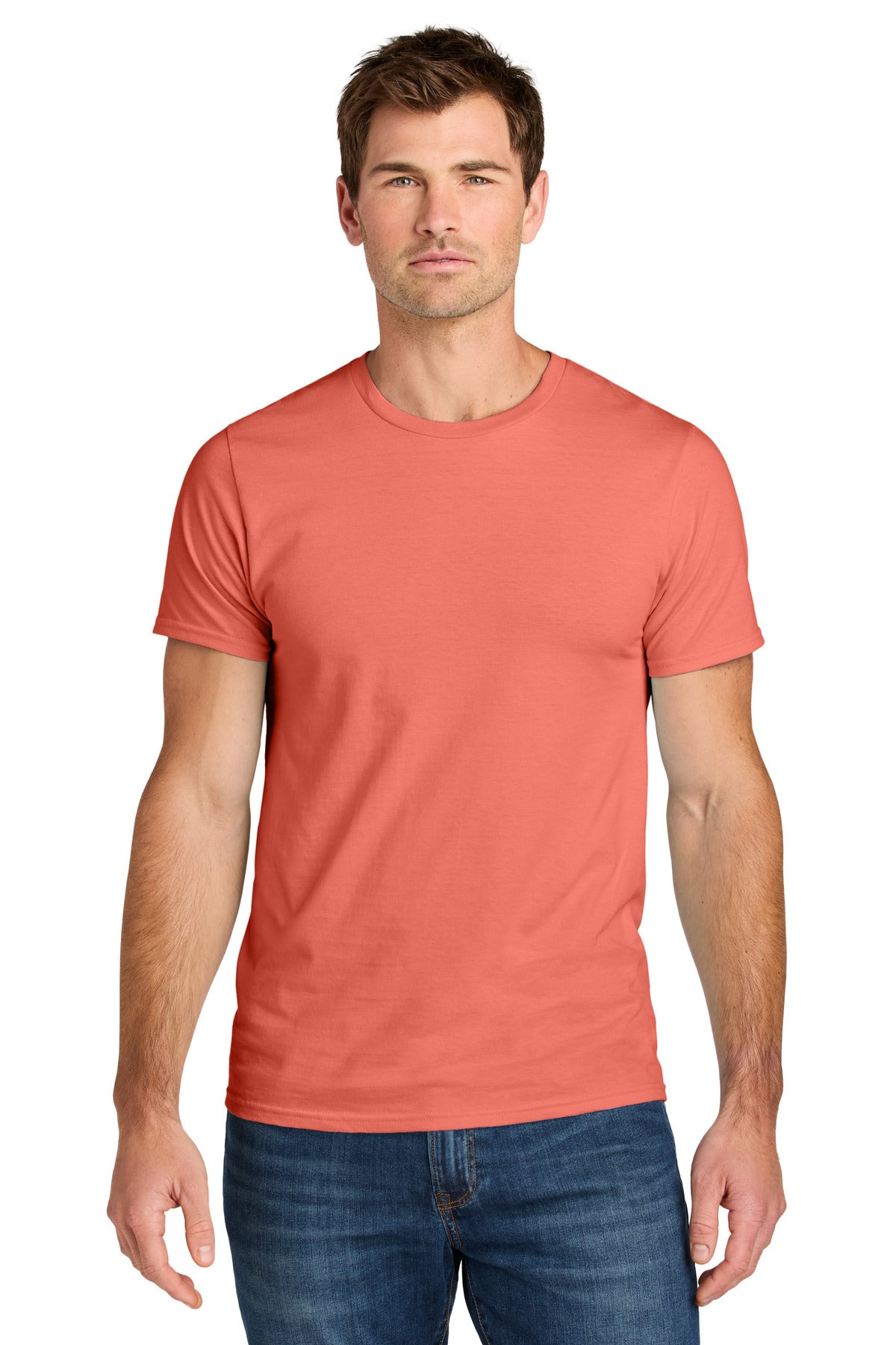 Custom Sunset Coral Ultimate Unisex Ring Spun Tee IC46M, personalized by SanCanDo Swag in Argyle, TX