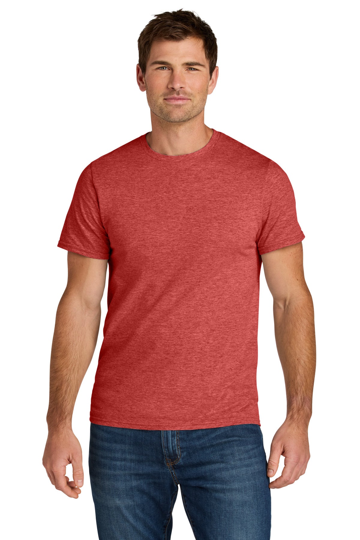 Custom Fiery Red Heather Ultimate Unisex Ring Spun Tee IC46M, personalized by SanCanDo Swag in Argyle, TX