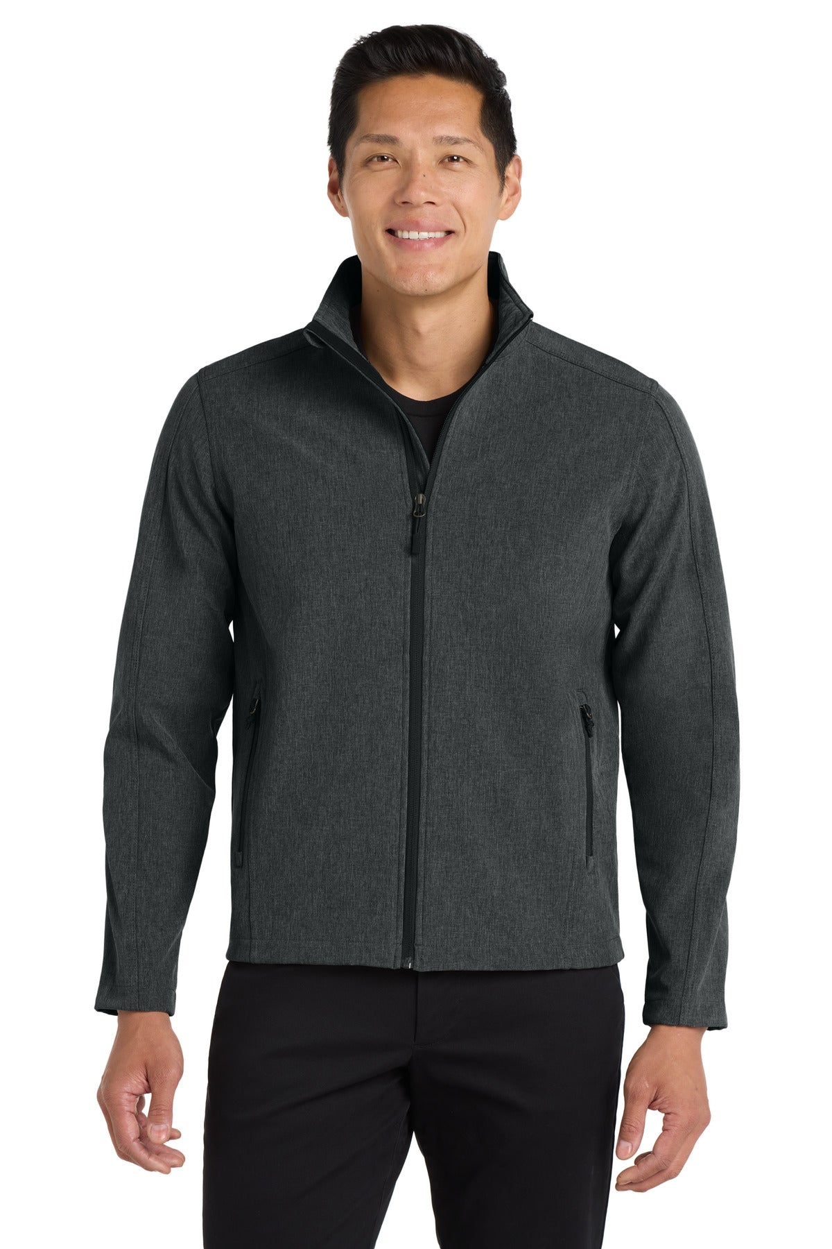 Custom Black Charcoal Heather Core Soft Shell Jacket J317, personalized by SanCanDo Swag in Argyle, TX