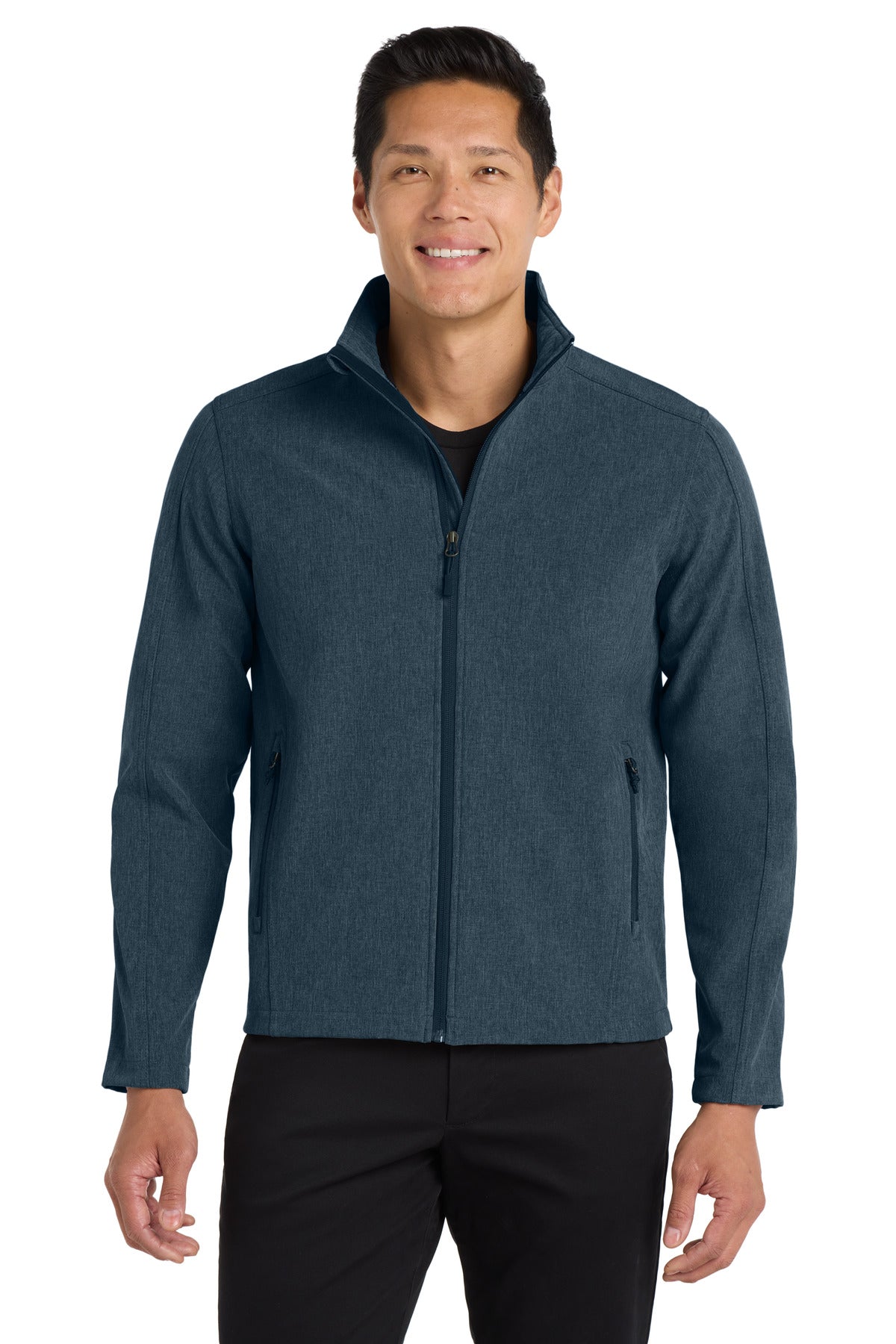 Custom Navy Heather Core Soft Shell Jacket J317, personalized by SanCanDo Swag in Argyle, TX