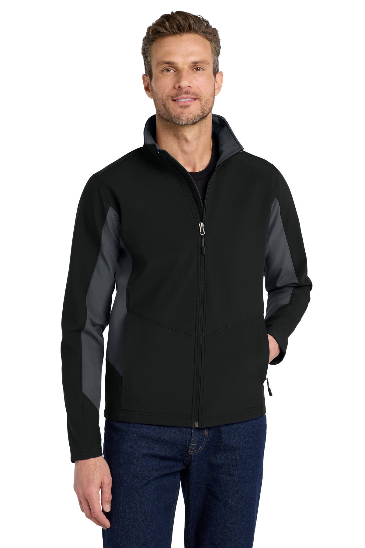 Custom Black/ Battleship Grey Core Colorblock Soft Shell Jacket J318, personalized by SanCanDo Swag in Argyle, TX