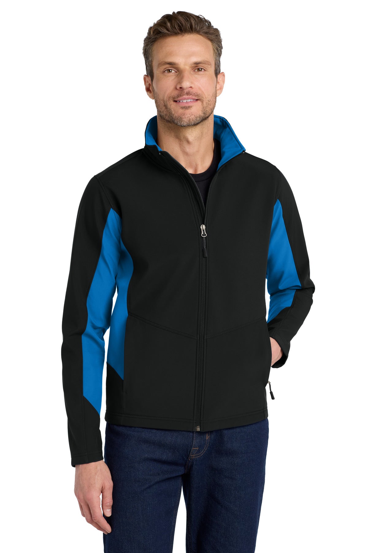 Custom Black/ Imperial Blue Core Colorblock Soft Shell Jacket J318, personalized by SanCanDo Swag in Argyle, TX