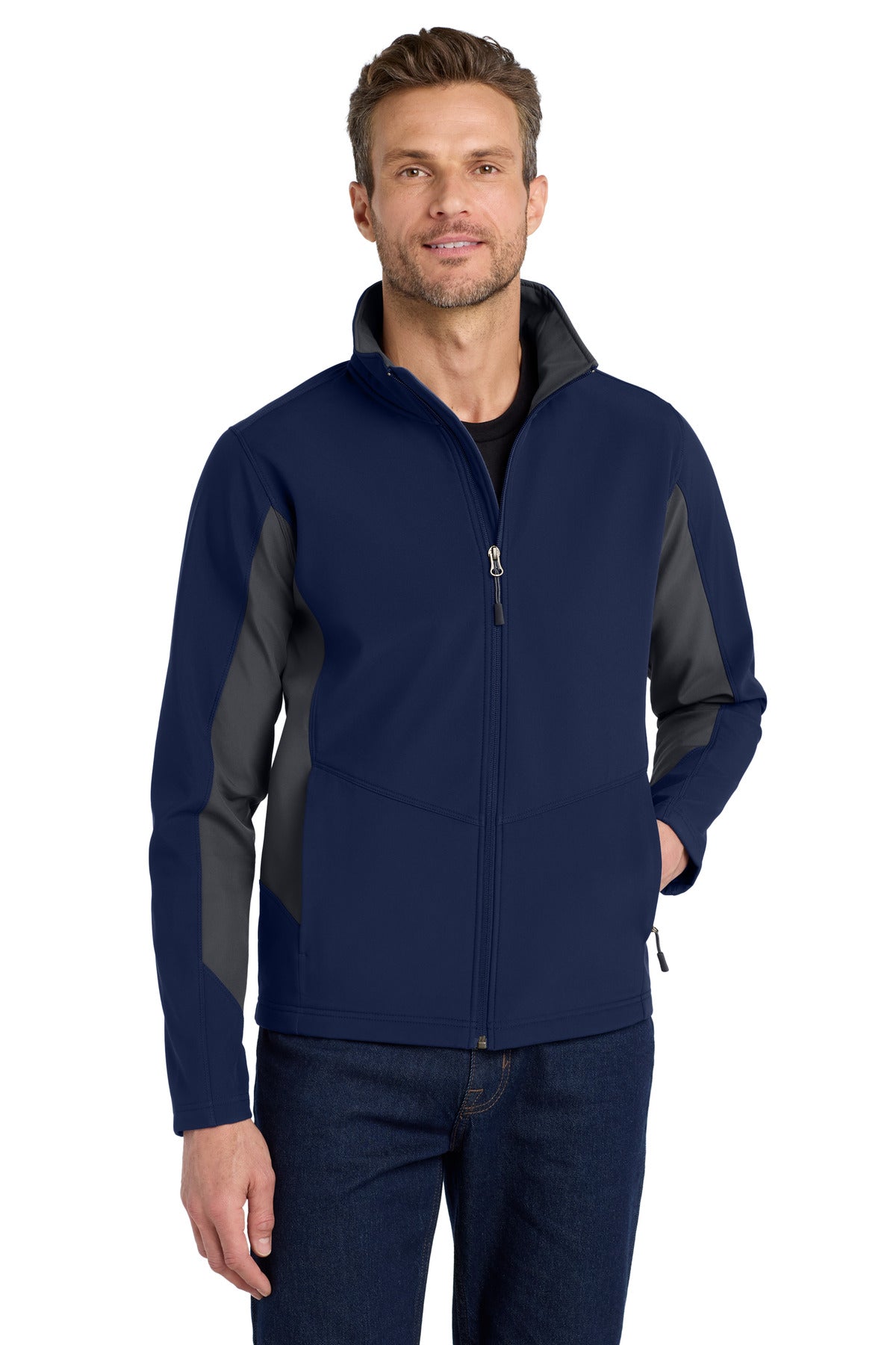 Custom Dress Blue Navy/ Battleship Grey Core Colorblock Soft Shell Jacket J318, personalized by SanCanDo Swag in Argyle, TX