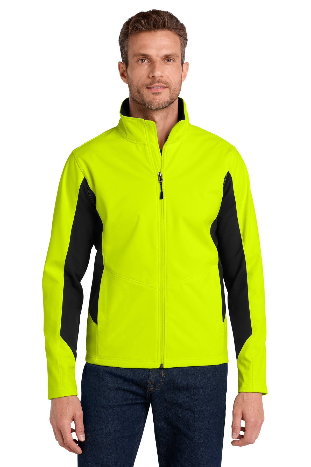 Custom Safety Yellow/ Black Core Colorblock Soft Shell Jacket J318, personalized by SanCanDo Swag in Argyle, TX