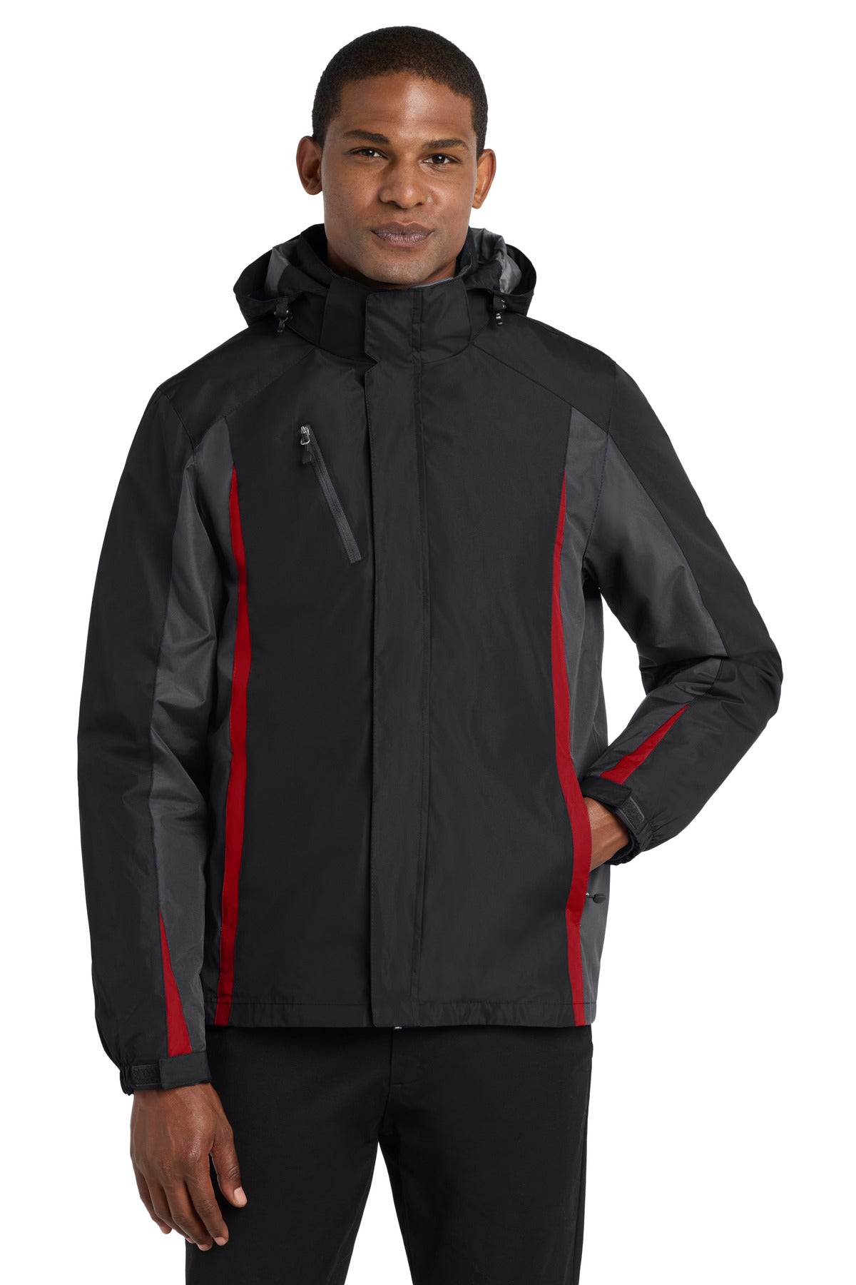 Custom Black/ Magnet/ Signal Red Colorblock 3-in-1 Jacket J321, personalized by SanCanDo Swag in Argyle, TX