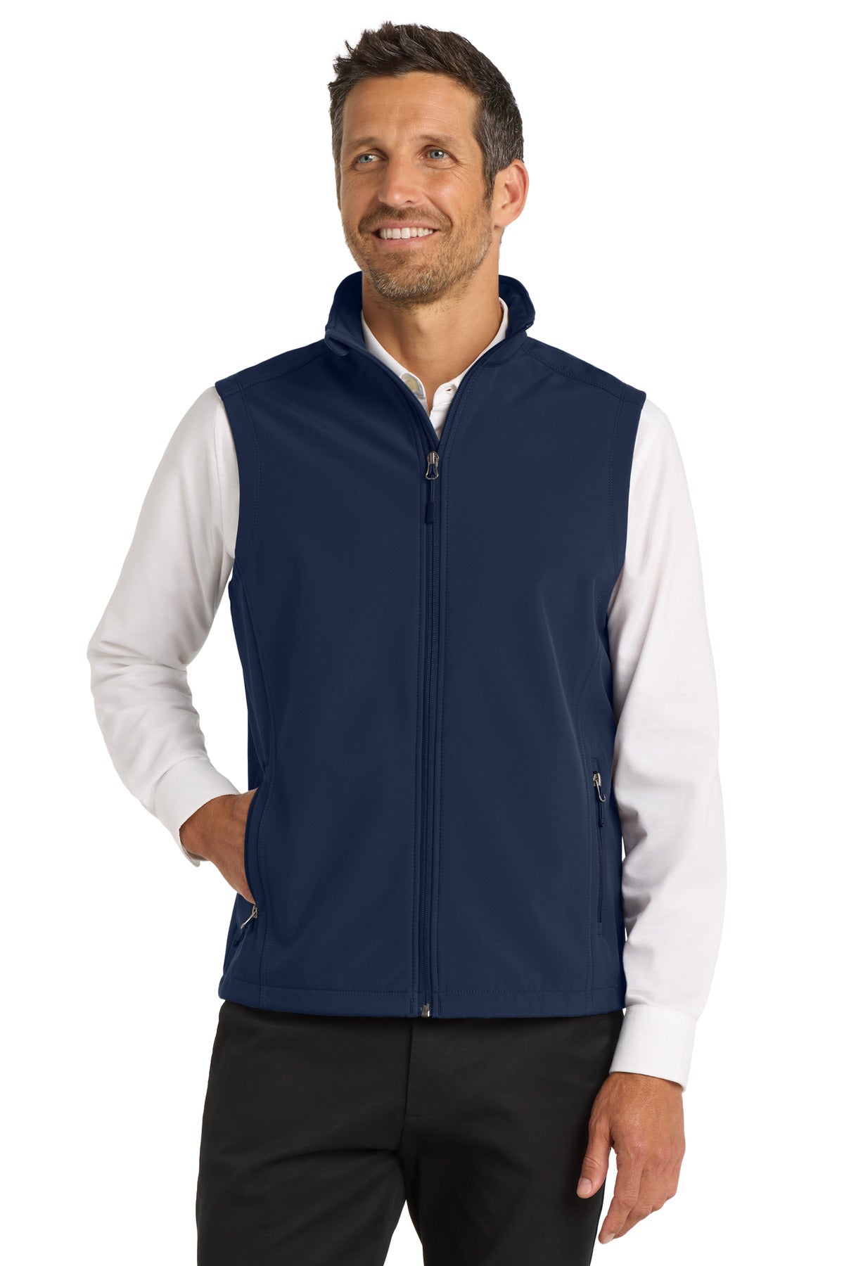 Custom Dress Blue Navy Core Soft Shell Vest J325, personalized by SanCanDo Swag in Argyle, TX