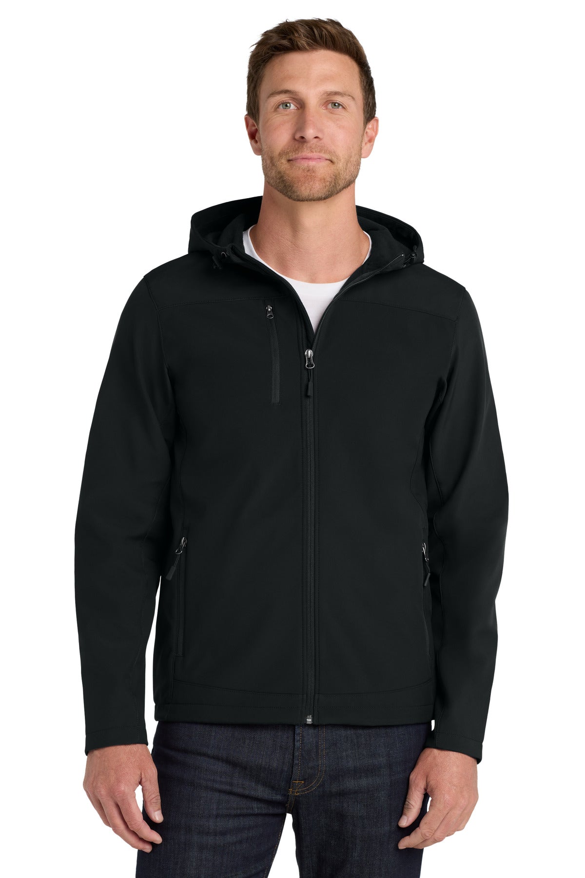 Custom Black Hooded Core Soft Shell Jacket J335, personalized by SanCanDo Swag in Argyle, TX