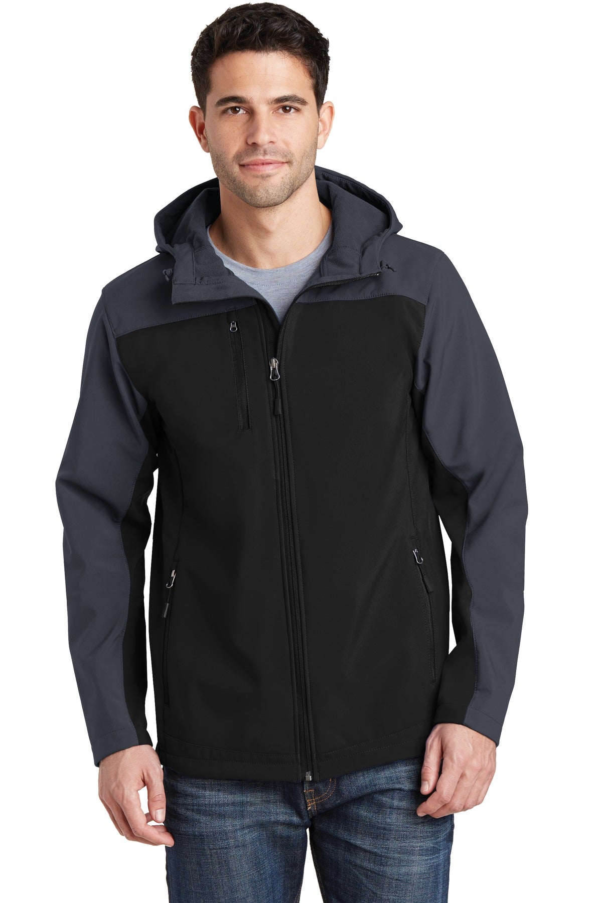 Custom Black/ Battleship Grey Hooded Core Soft Shell Jacket J335, personalized by SanCanDo Swag in Argyle, TX