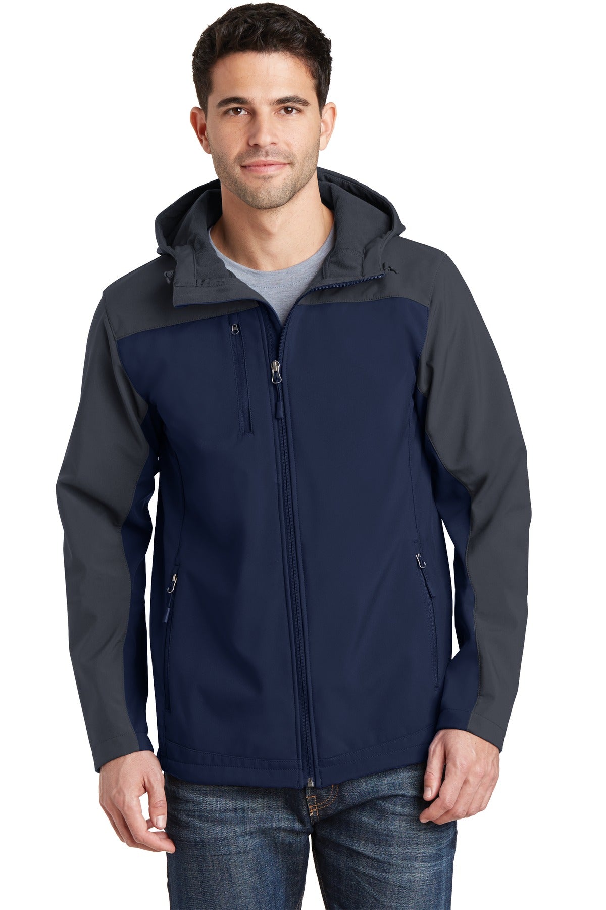 Custom Dress Blue Navy/ Battleship Grey Hooded Core Soft Shell Jacket J335, personalized by SanCanDo Swag in Argyle, TX