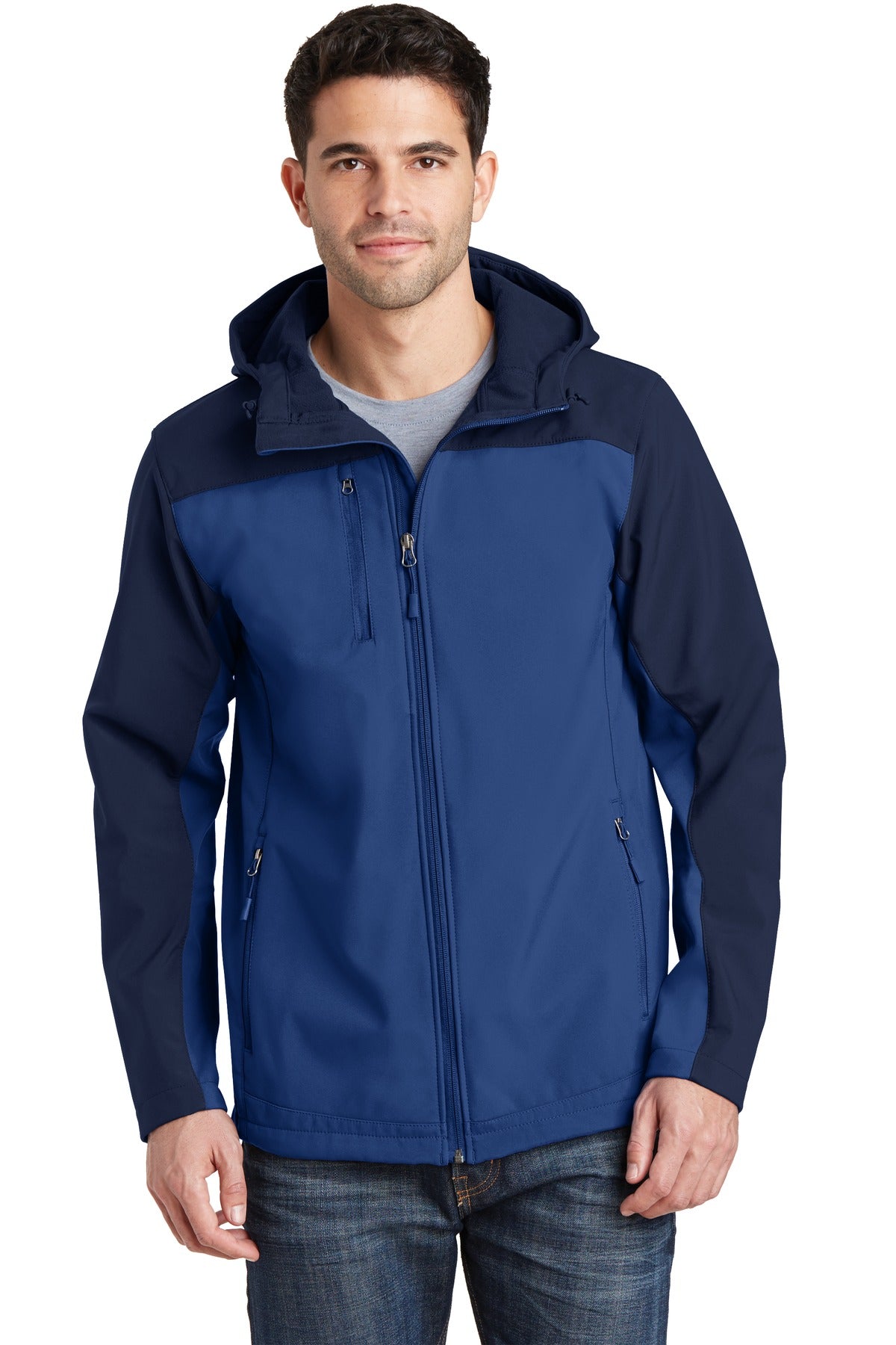 Custom Night Sky Blue/ Dress Blue Navy Hooded Core Soft Shell Jacket J335, personalized by SanCanDo Swag in Argyle, TX