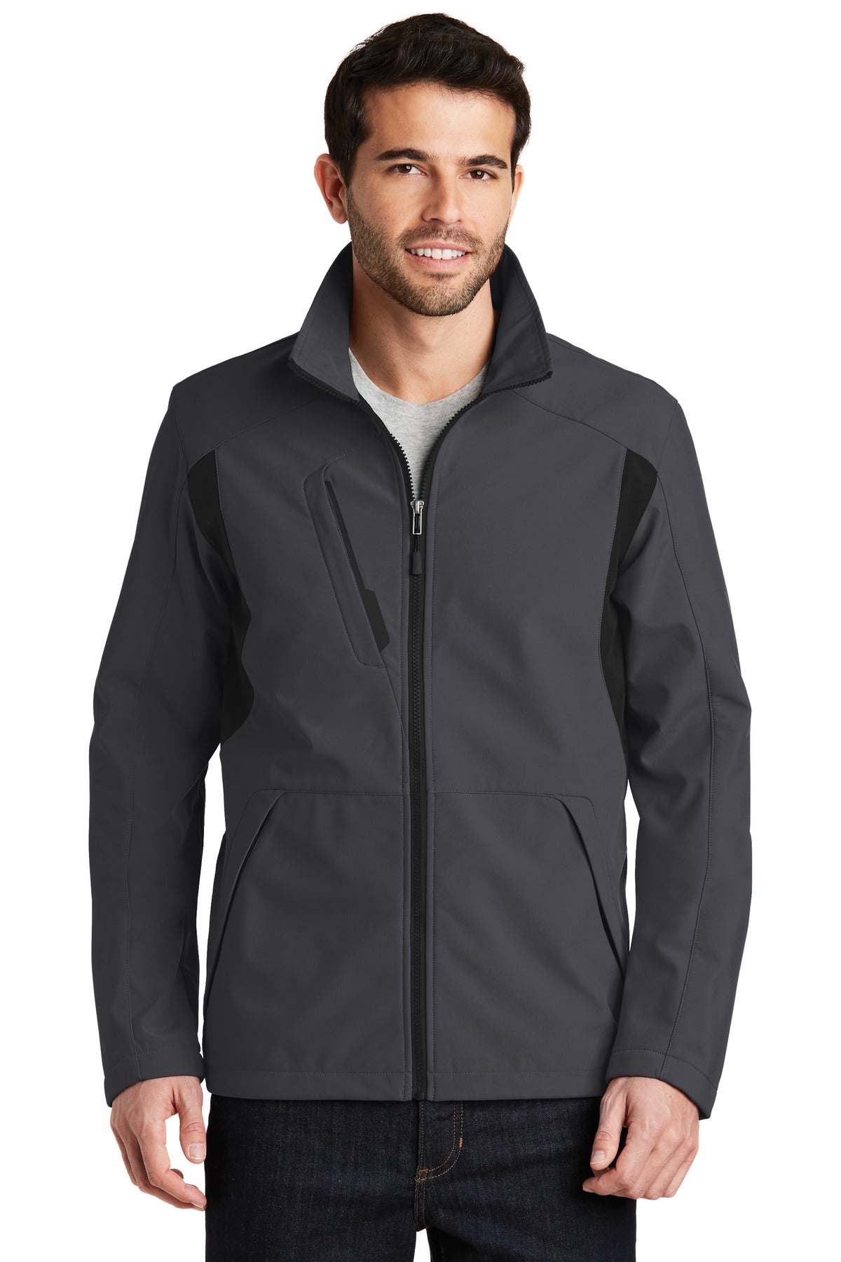 Custom Battleship Grey/ Black Back-Block Soft Shell Jacket J336, personalized by SanCanDo Swag in Argyle, TX