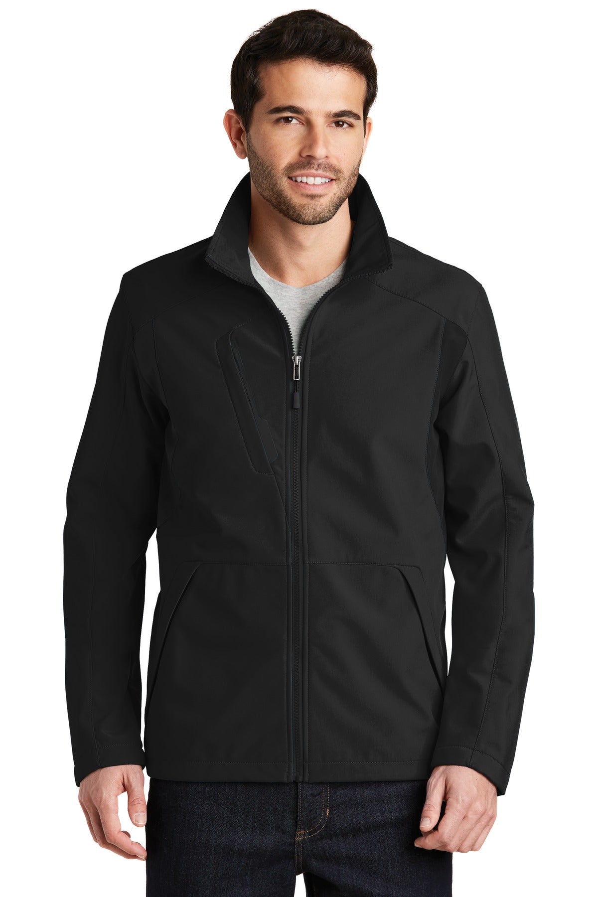 Custom Black/ Black Back-Block Soft Shell Jacket J336, personalized by SanCanDo Swag in Argyle, TX