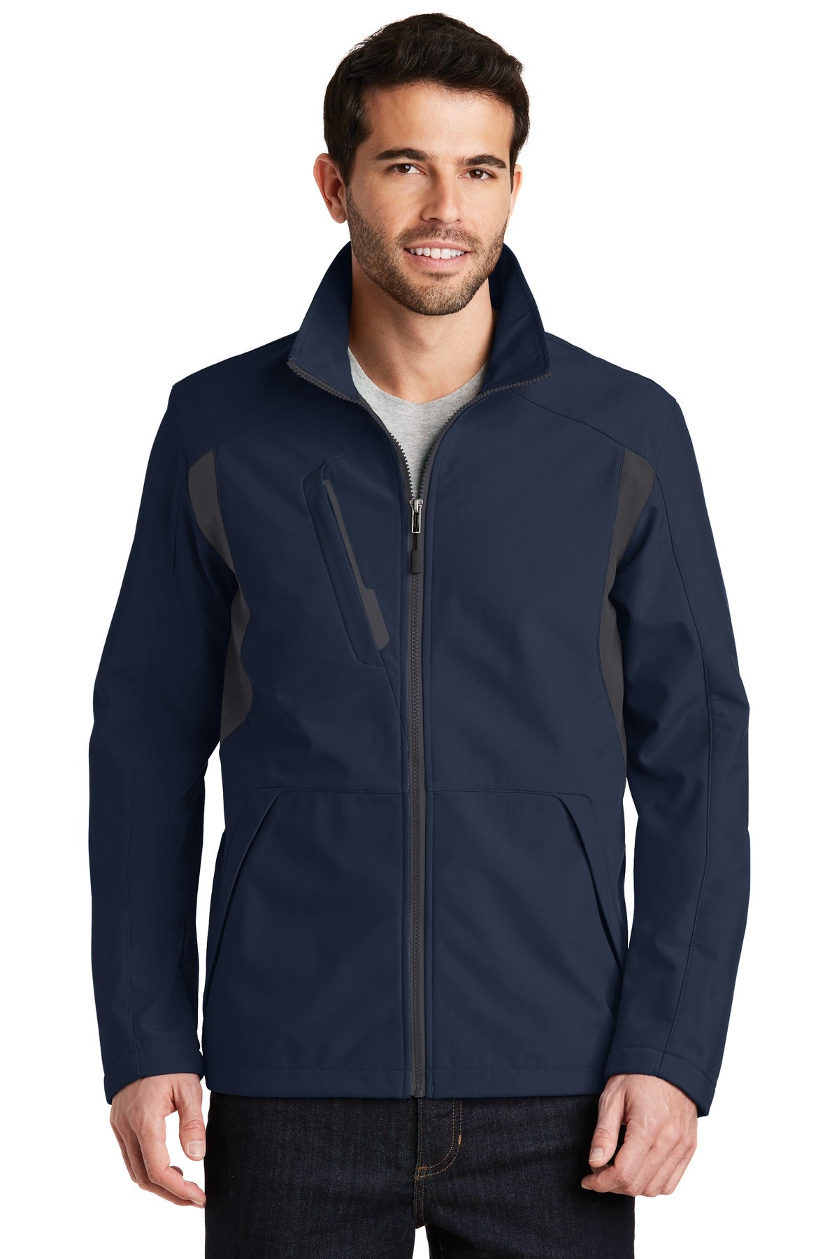 Custom Dress Blue Navy/ Battleship Grey Back-Block Soft Shell Jacket J336, personalized by SanCanDo Swag in Argyle, TX