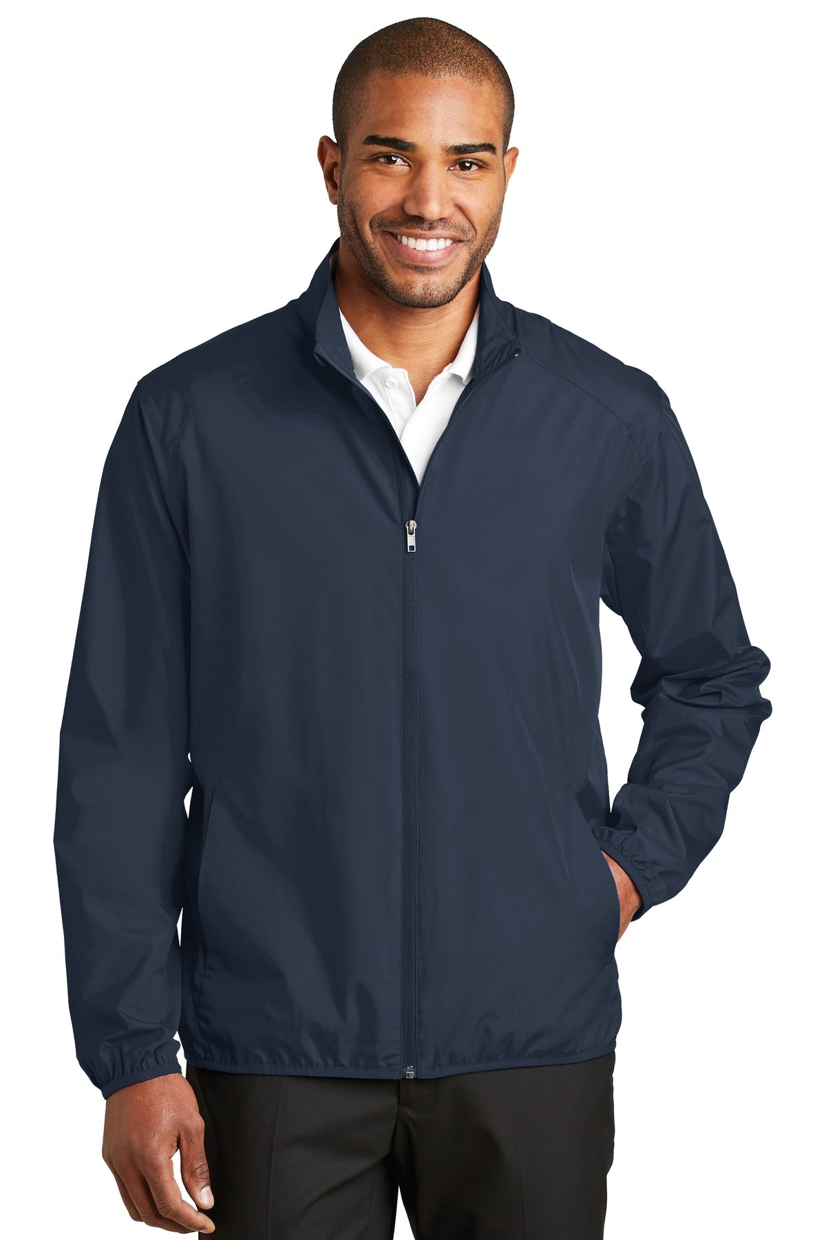 Custom Dress Blue Navy Zephyr Full-Zip Jacket J344, personalized by SanCanDo Swag in Argyle, TX