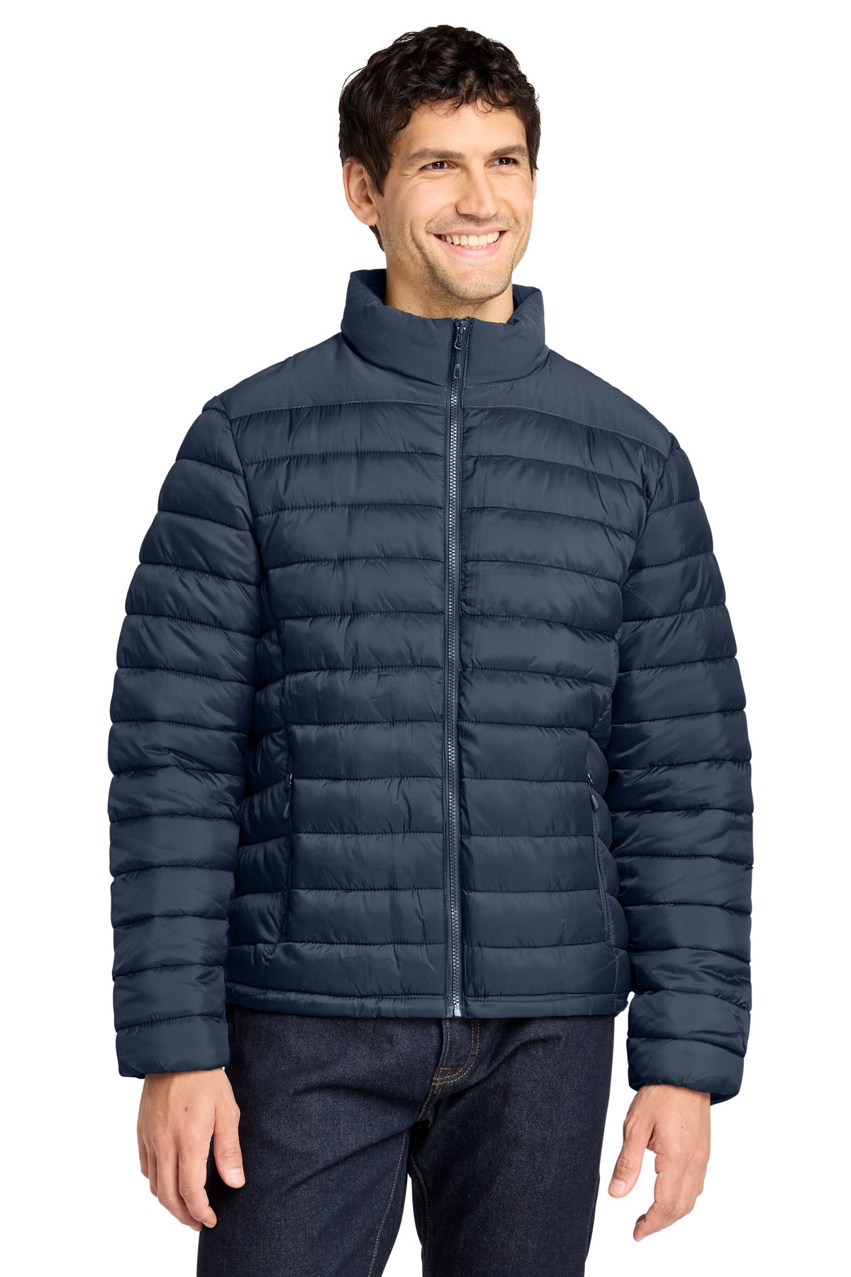 Custom Dress Blue Navy Horizon Puffy Jacket J364, personalized by SanCanDo Swag in Argyle, TX