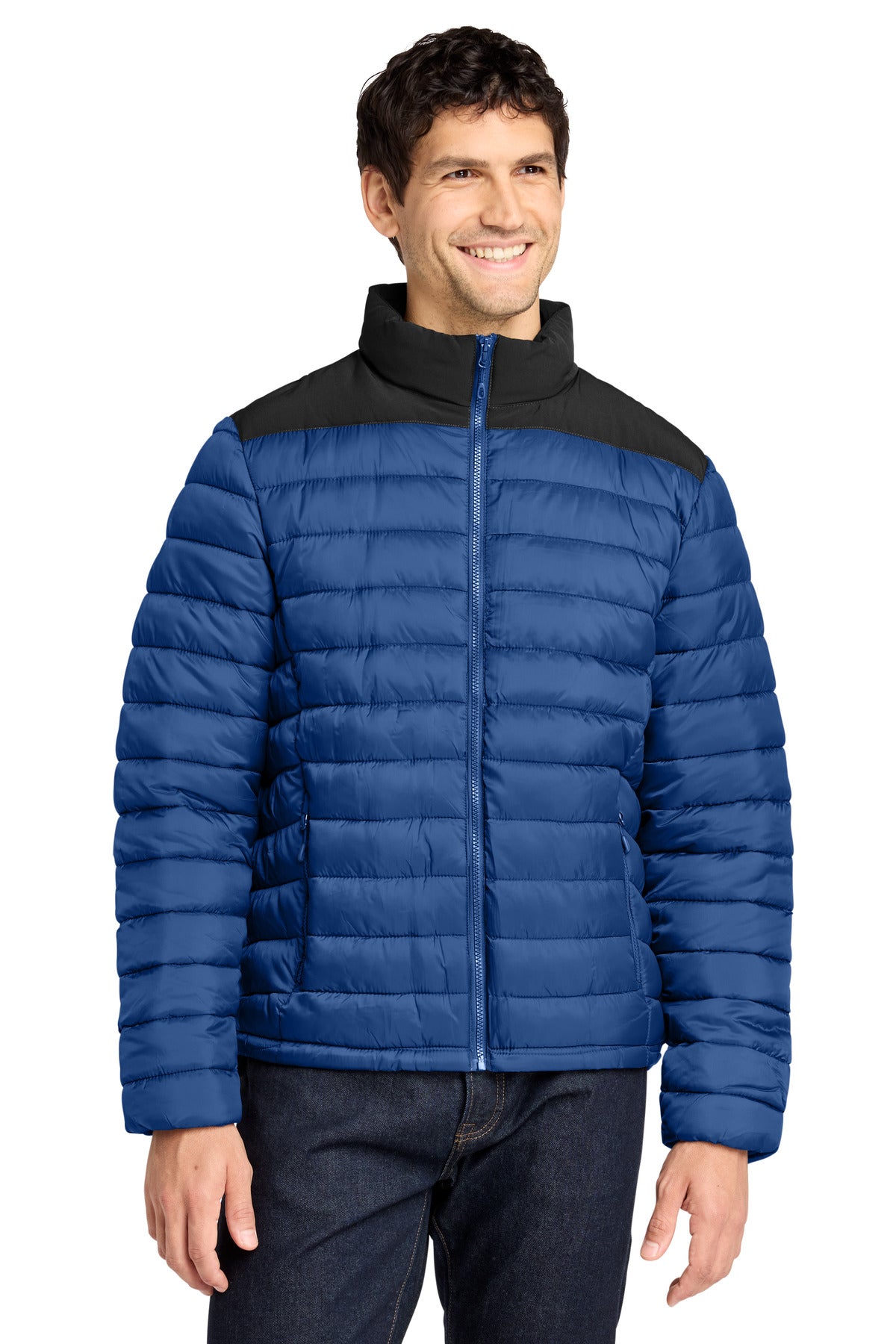 Custom True Blue/ Deep Black Horizon Puffy Jacket J364, personalized by SanCanDo Swag in Argyle, TX