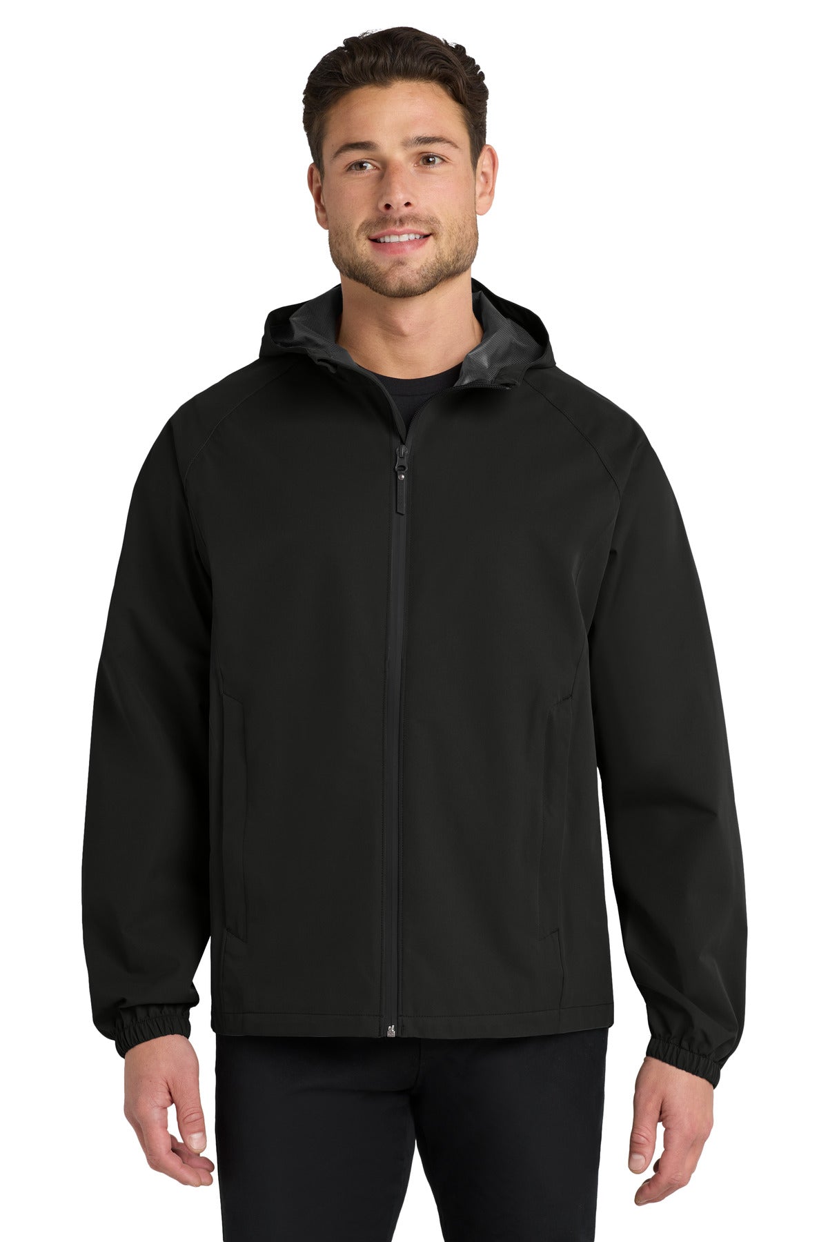 Custom Deep Black Essential Rain Jacket J407, personalized by SanCanDo Swag in Argyle, TX