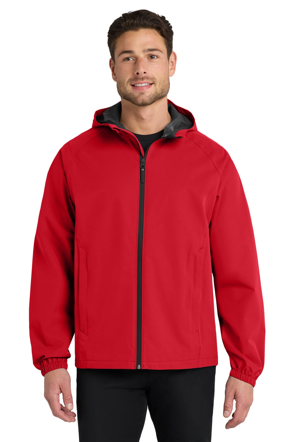 Custom Deep Red Essential Rain Jacket J407, personalized by SanCanDo Swag in Argyle, TX
