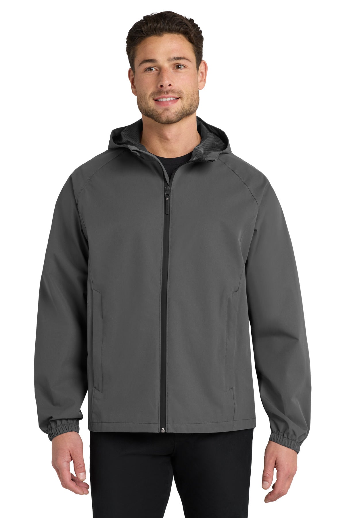 Custom Graphite Essential Rain Jacket J407, personalized by SanCanDo Swag in Argyle, TX