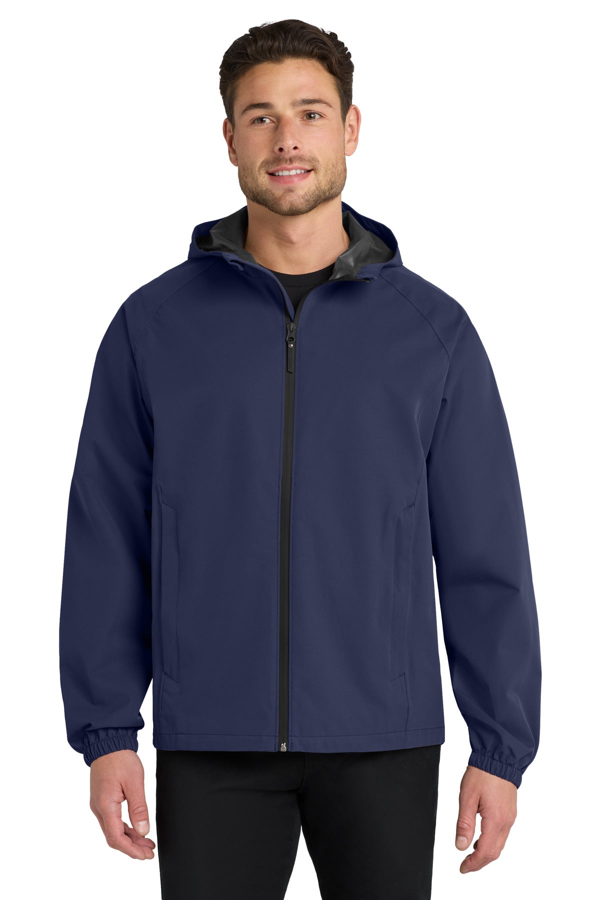 Custom True Navy Essential Rain Jacket J407, personalized by SanCanDo Swag in Argyle, TX