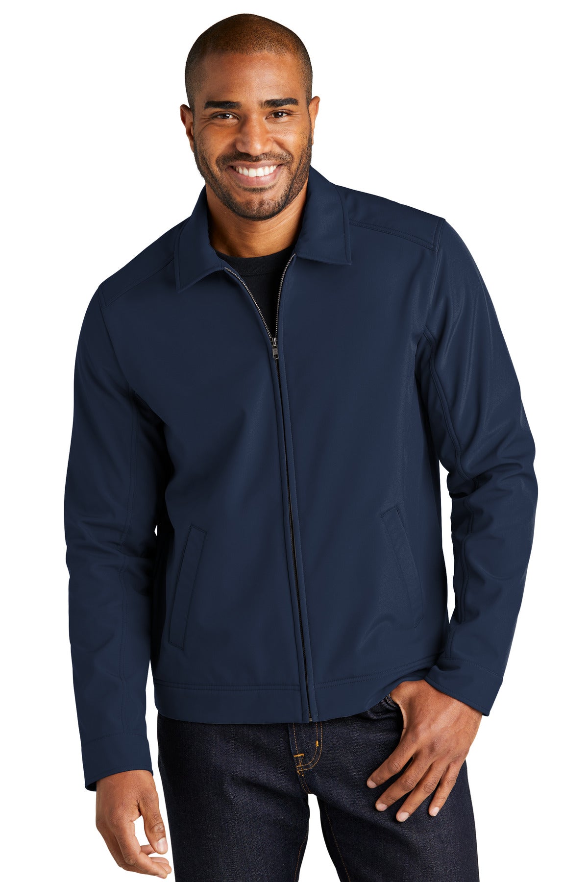 Custom Dress Blue Navy Mechanic Soft Shell Jacket J417, personalized by SanCanDo Swag in Argyle, TX