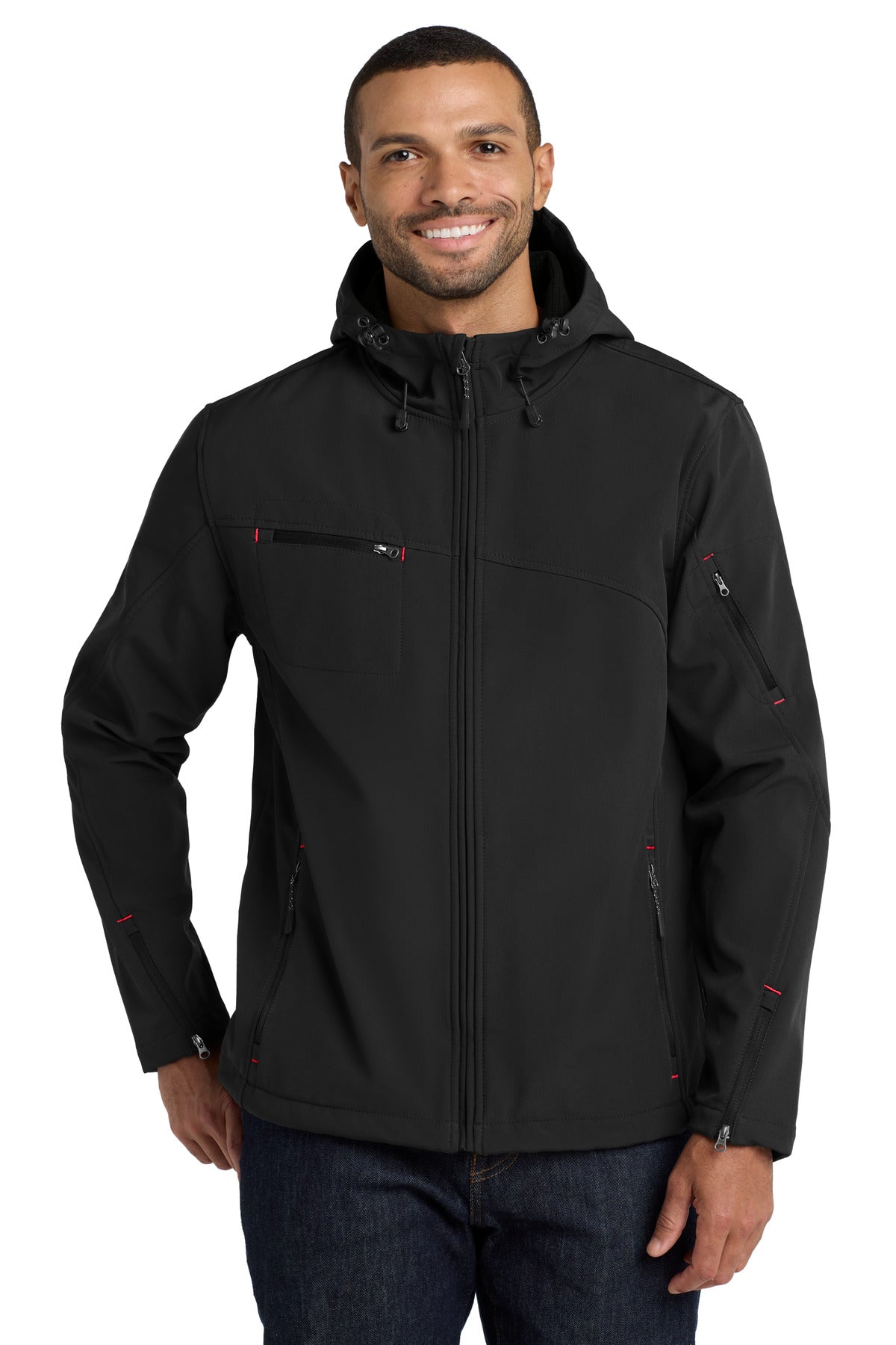 Custom Black/ Engine Red Textured Hooded Soft Shell Jacket J706, personalized by SanCanDo Swag in Argyle, TX