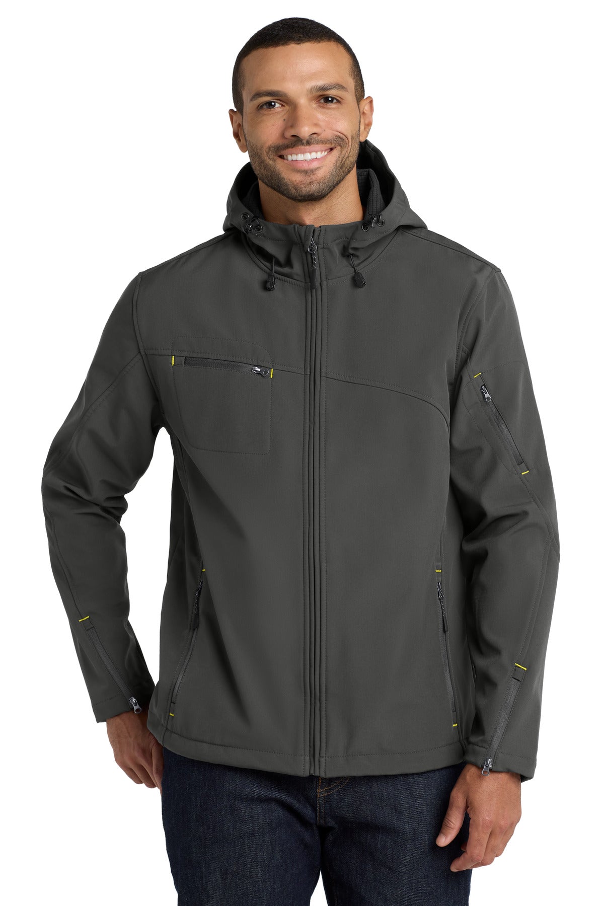 Custom Charcoal/ Lemon Yellow Textured Hooded Soft Shell Jacket J706, personalized by SanCanDo Swag in Argyle, TX