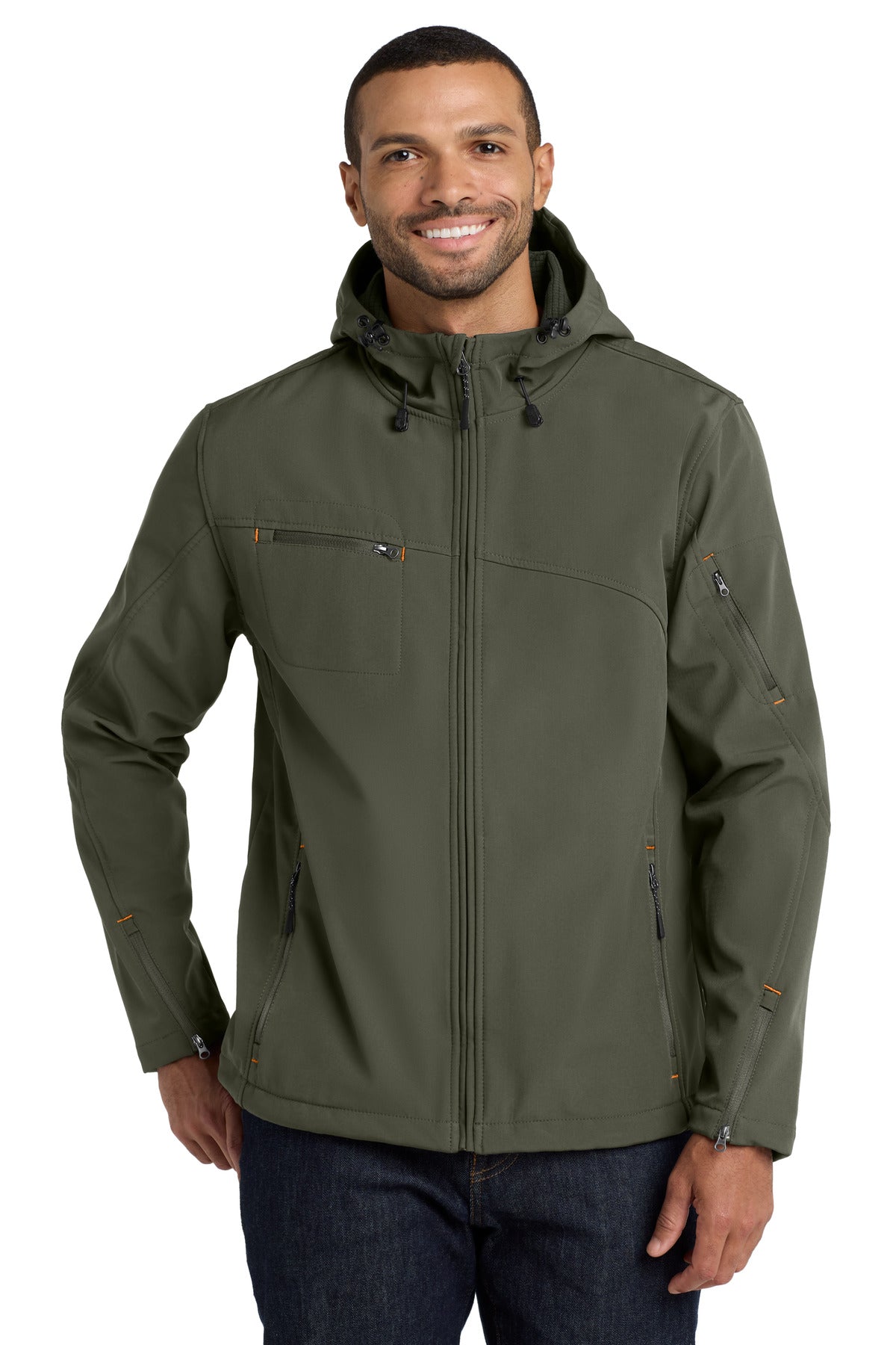Custom Mineral Green/ Soft Orange Textured Hooded Soft Shell Jacket J706, personalized by SanCanDo Swag in Argyle, TX