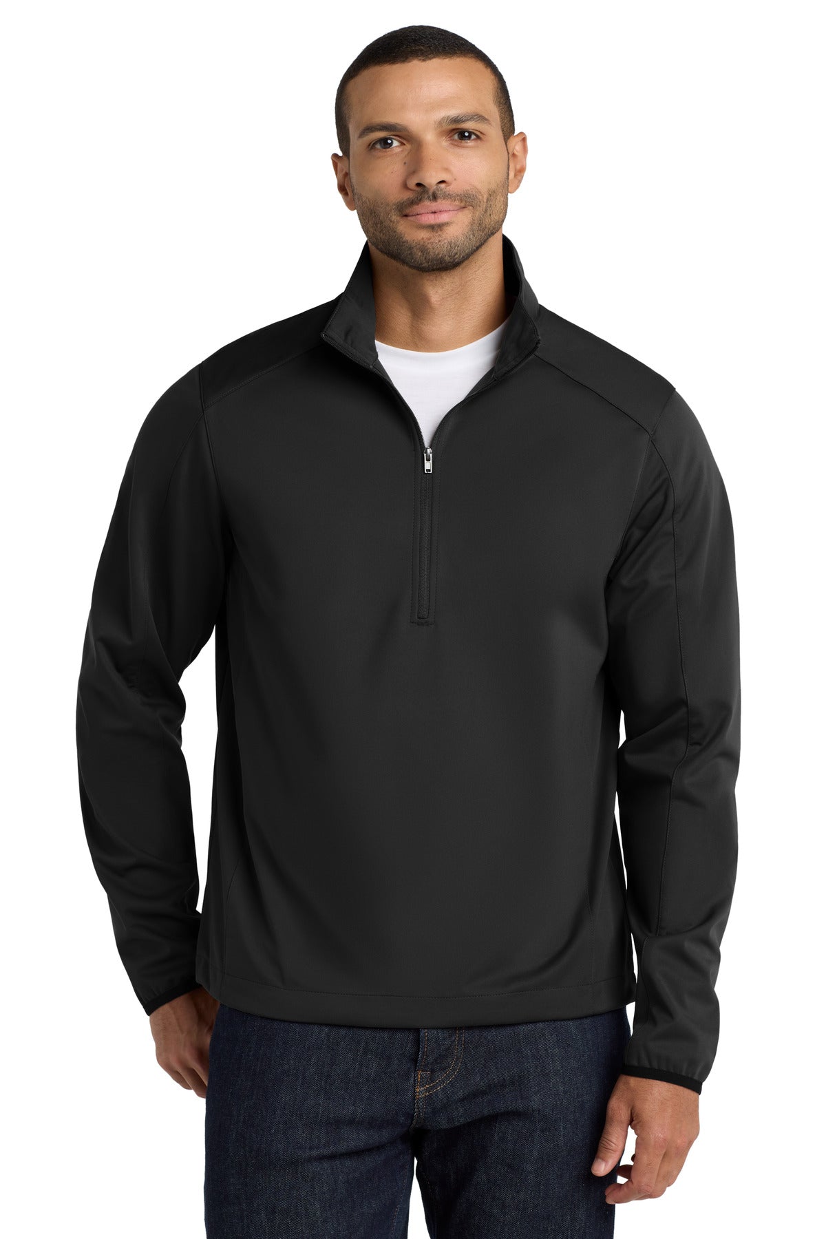 Custom Deep Black Active 1/2-Zip Soft Shell Jacket J716, personalized by SanCanDo Swag in Argyle, TX