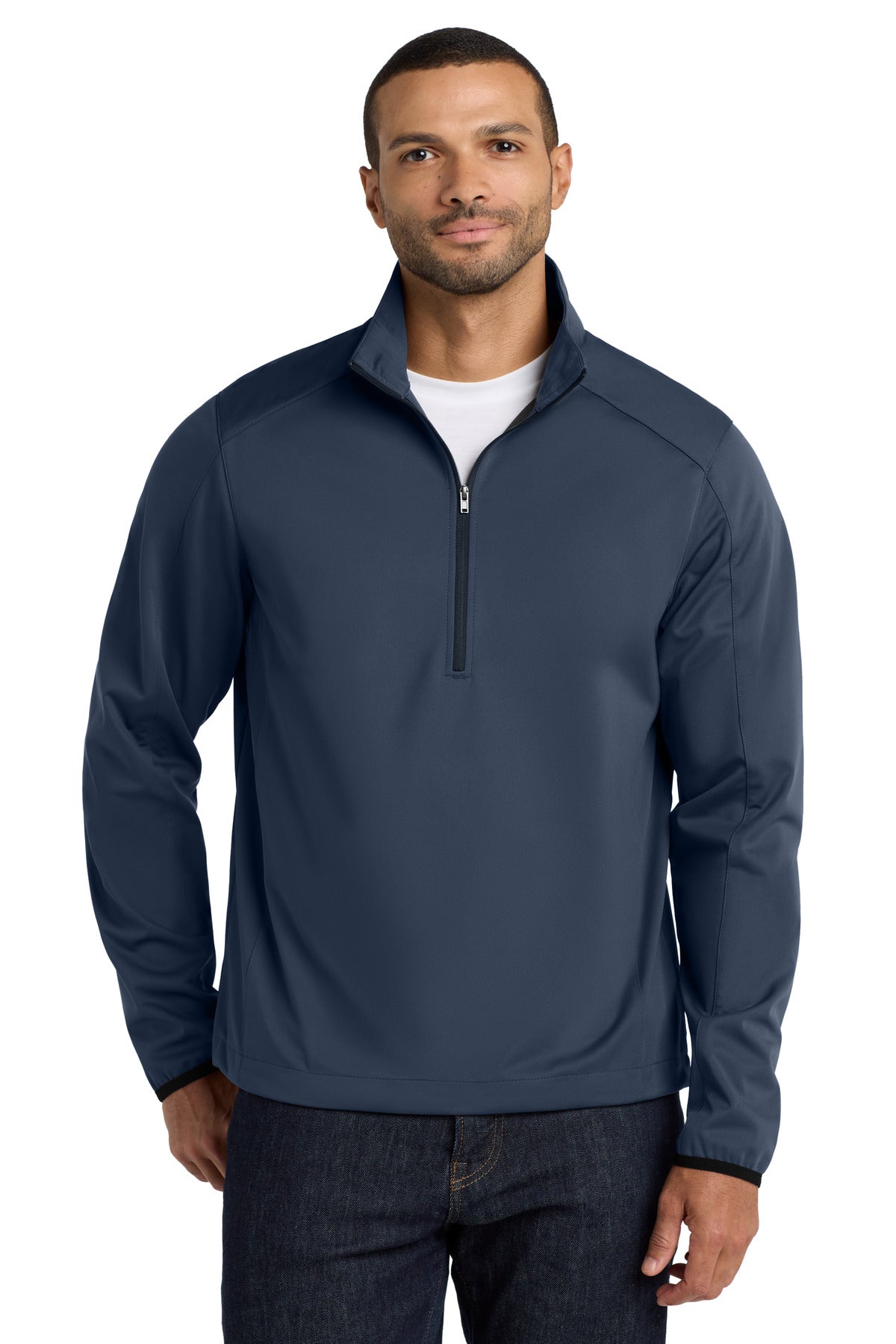 Custom Dress Blue Navy Active 1/2-Zip Soft Shell Jacket J716, personalized by SanCanDo Swag in Argyle, TX