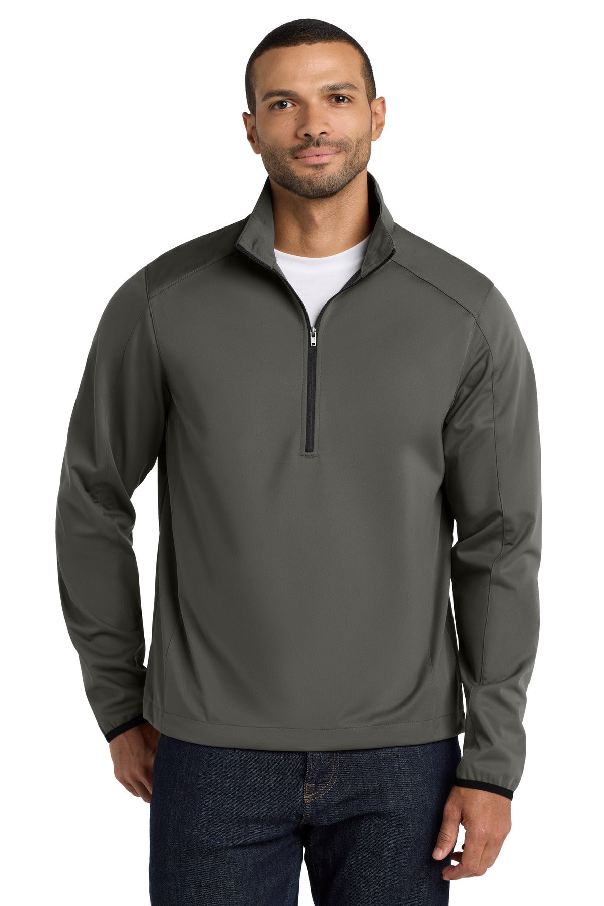 Custom Grey Steel Active 1/2-Zip Soft Shell Jacket J716, personalized by SanCanDo Swag in Argyle, TX