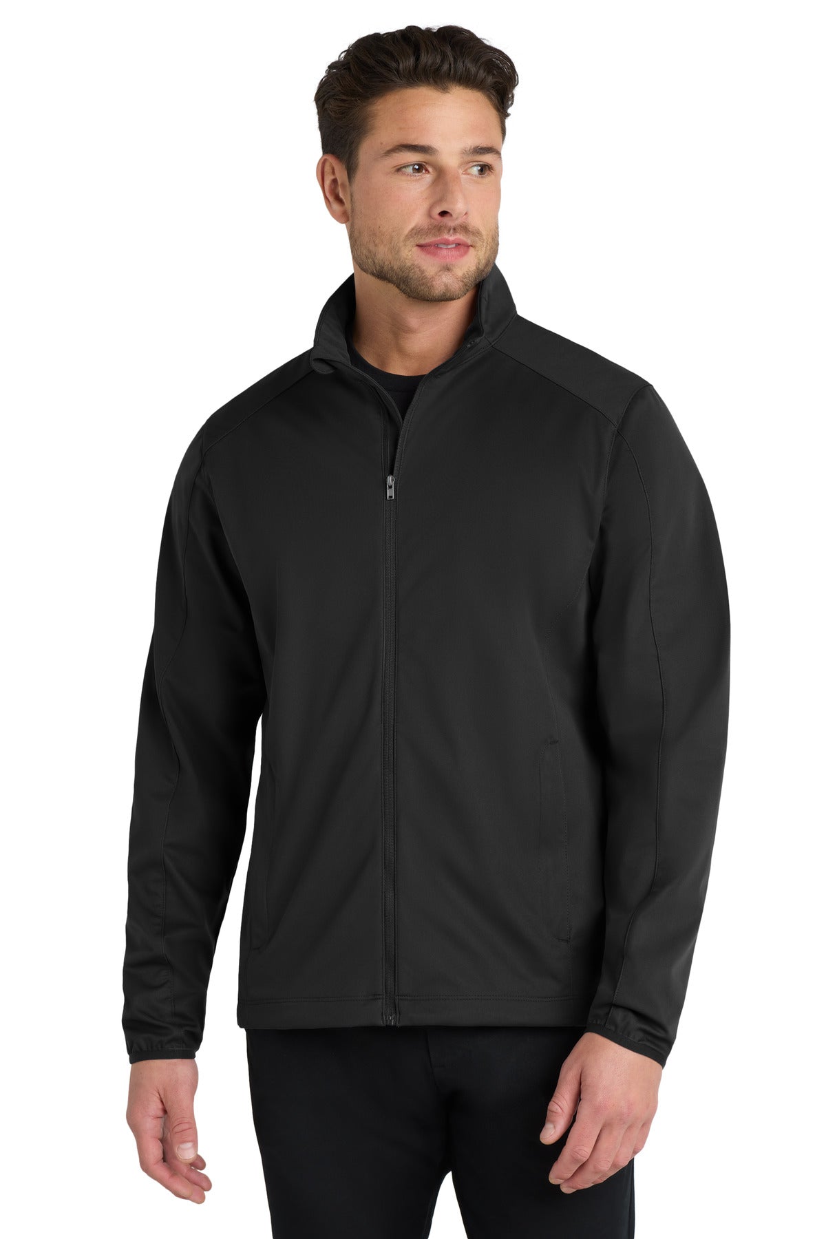 Custom Deep Black Active Soft Shell Jacket J717, personalized by SanCanDo Swag in Argyle, TX