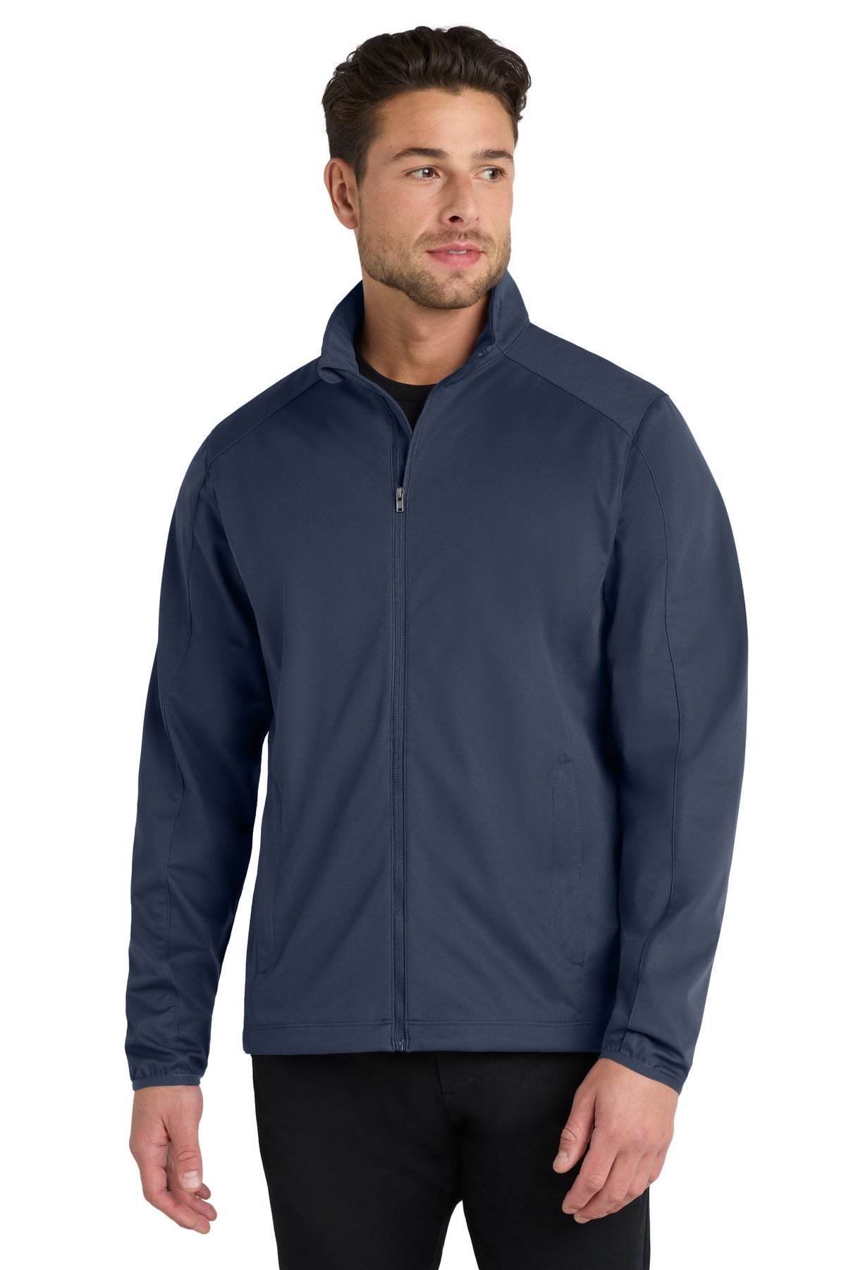 Custom Dress Blue Navy Active Soft Shell Jacket J717, personalized by SanCanDo Swag in Argyle, TX