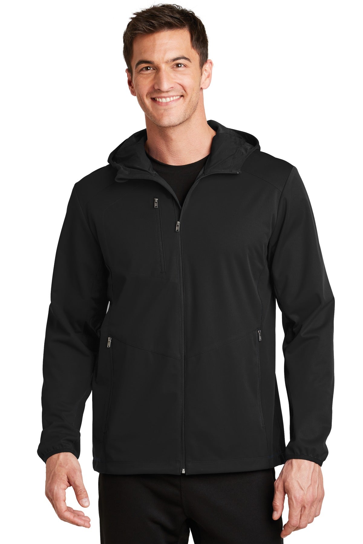 Custom Deep Black Active Hooded Soft Shell Jacket J719, personalized by SanCanDo Swag in Argyle, TX