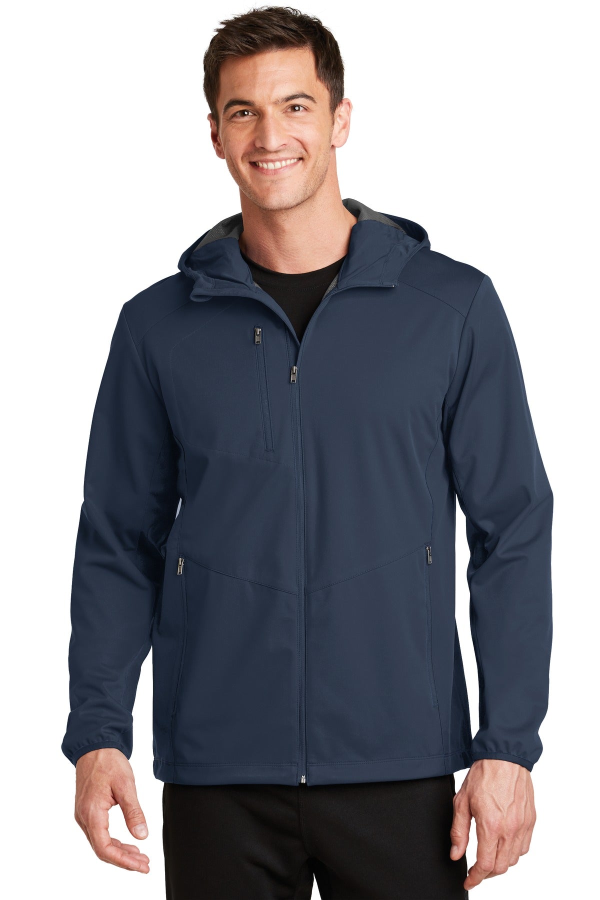 Custom Dress Blue Navy Active Hooded Soft Shell Jacket J719, personalized by SanCanDo Swag in Argyle, TX