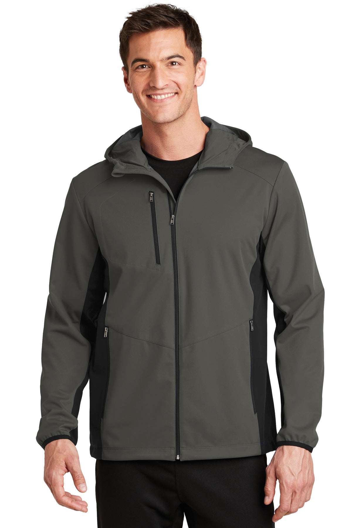 Custom Grey Steel/ Deep Black Active Hooded Soft Shell Jacket J719, personalized by SanCanDo Swag in Argyle, TX
