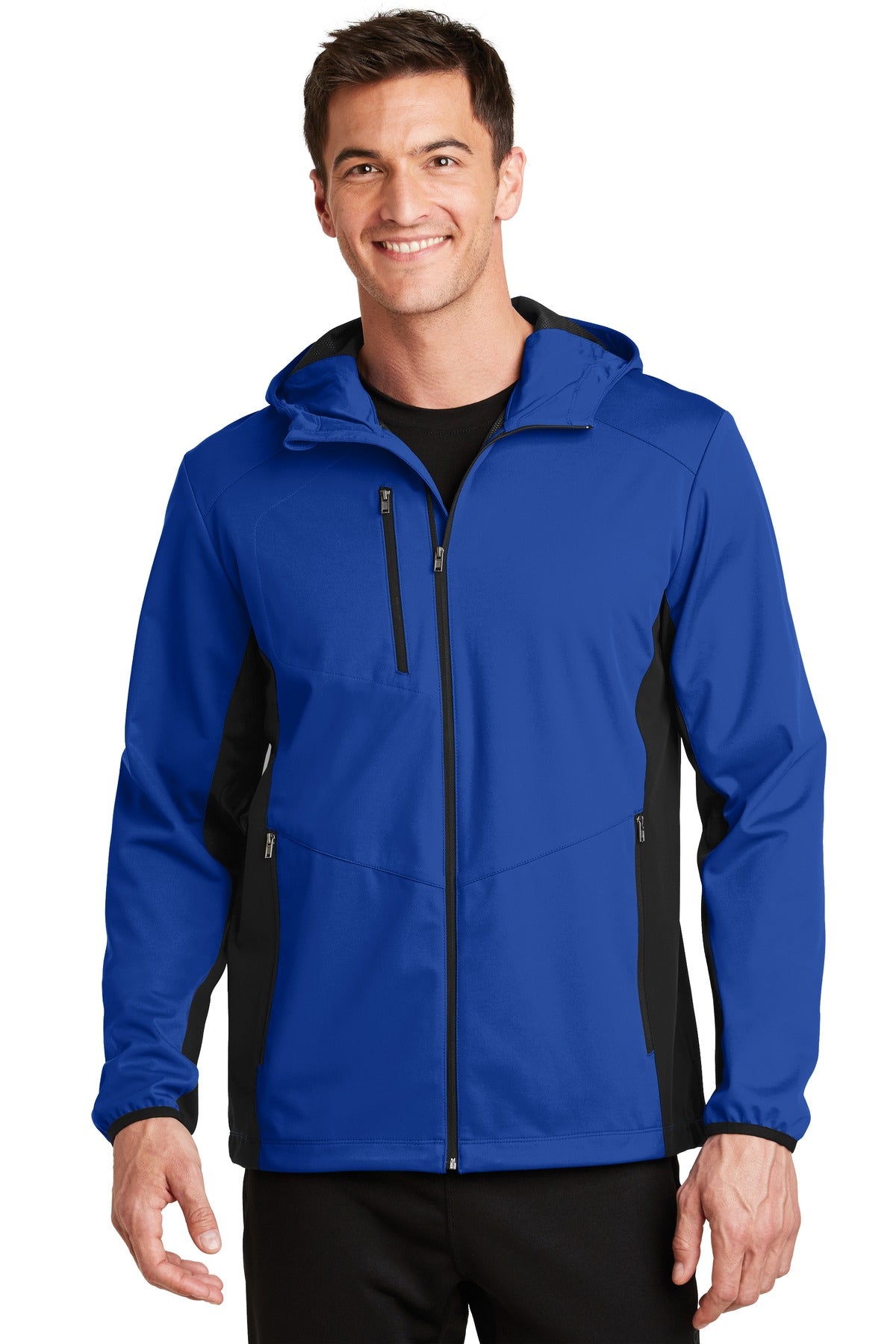 Custom True Royal/ Deep Black Active Hooded Soft Shell Jacket J719, personalized by SanCanDo Swag in Argyle, TX